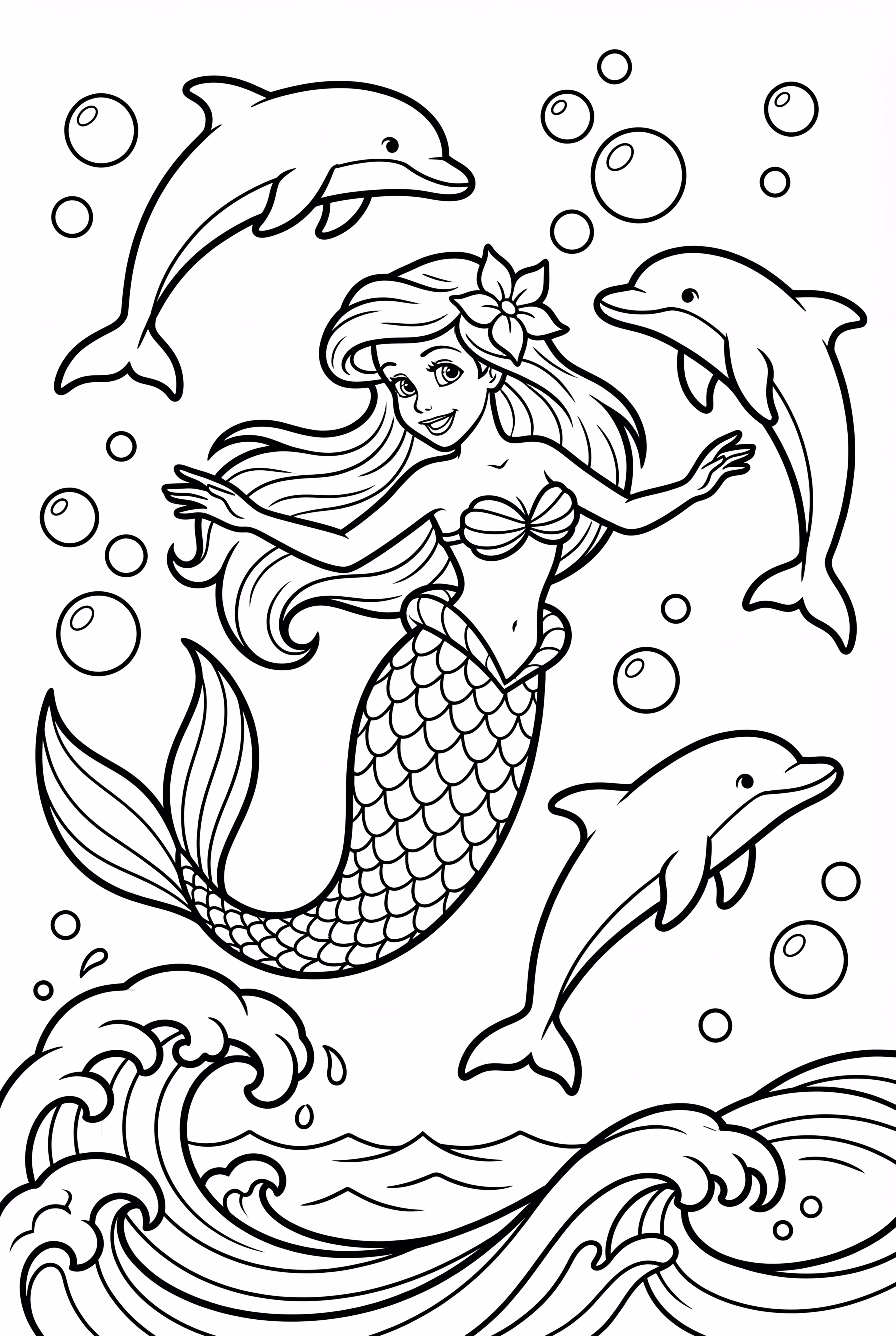 Ariel And Dolphins Jumping Over Waves