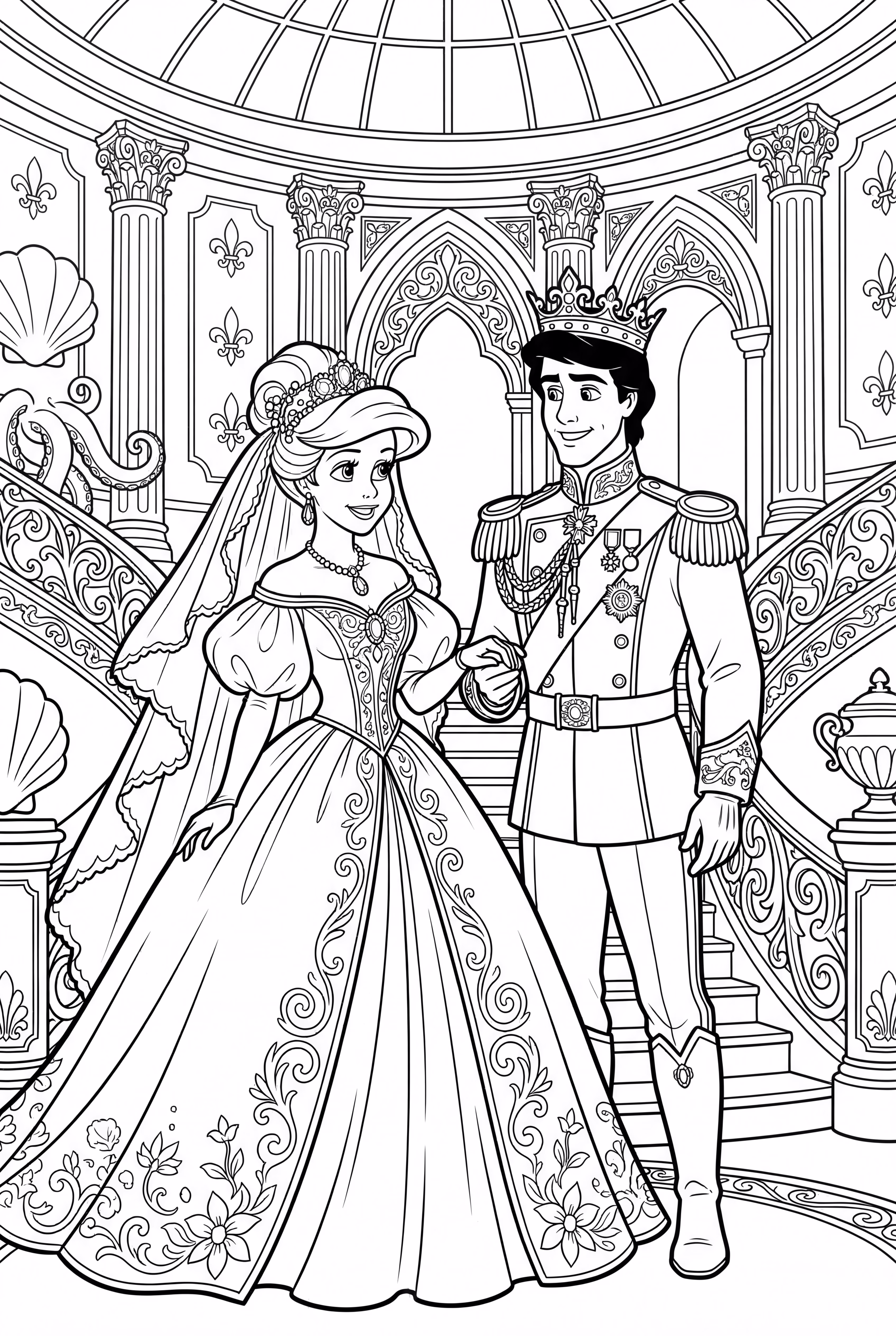 ariel and melody playing with sea creaturesariel and eric in a royal wedding scene