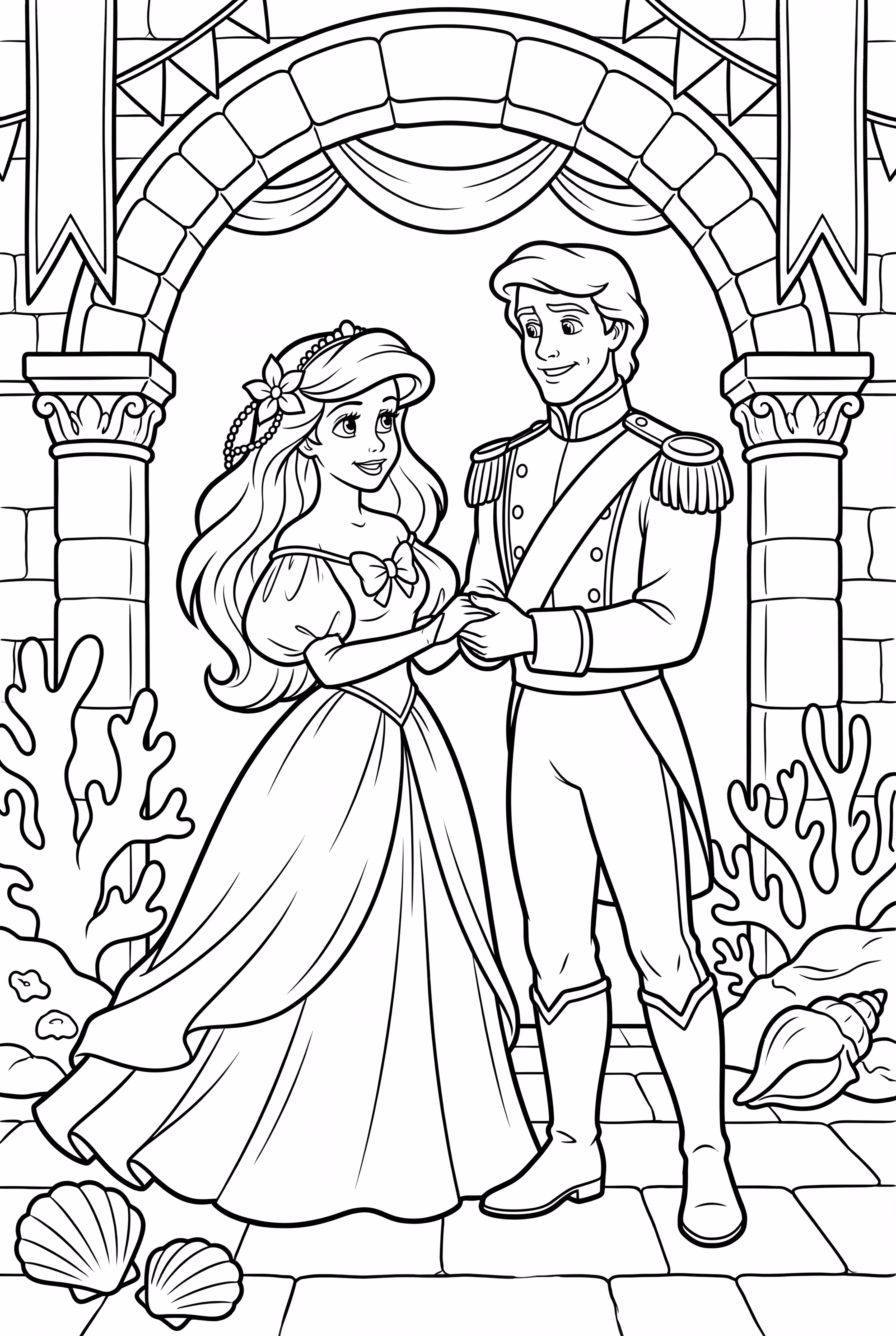 ariel and melody playing with sea creaturesariel and eric in a royal wedding scene