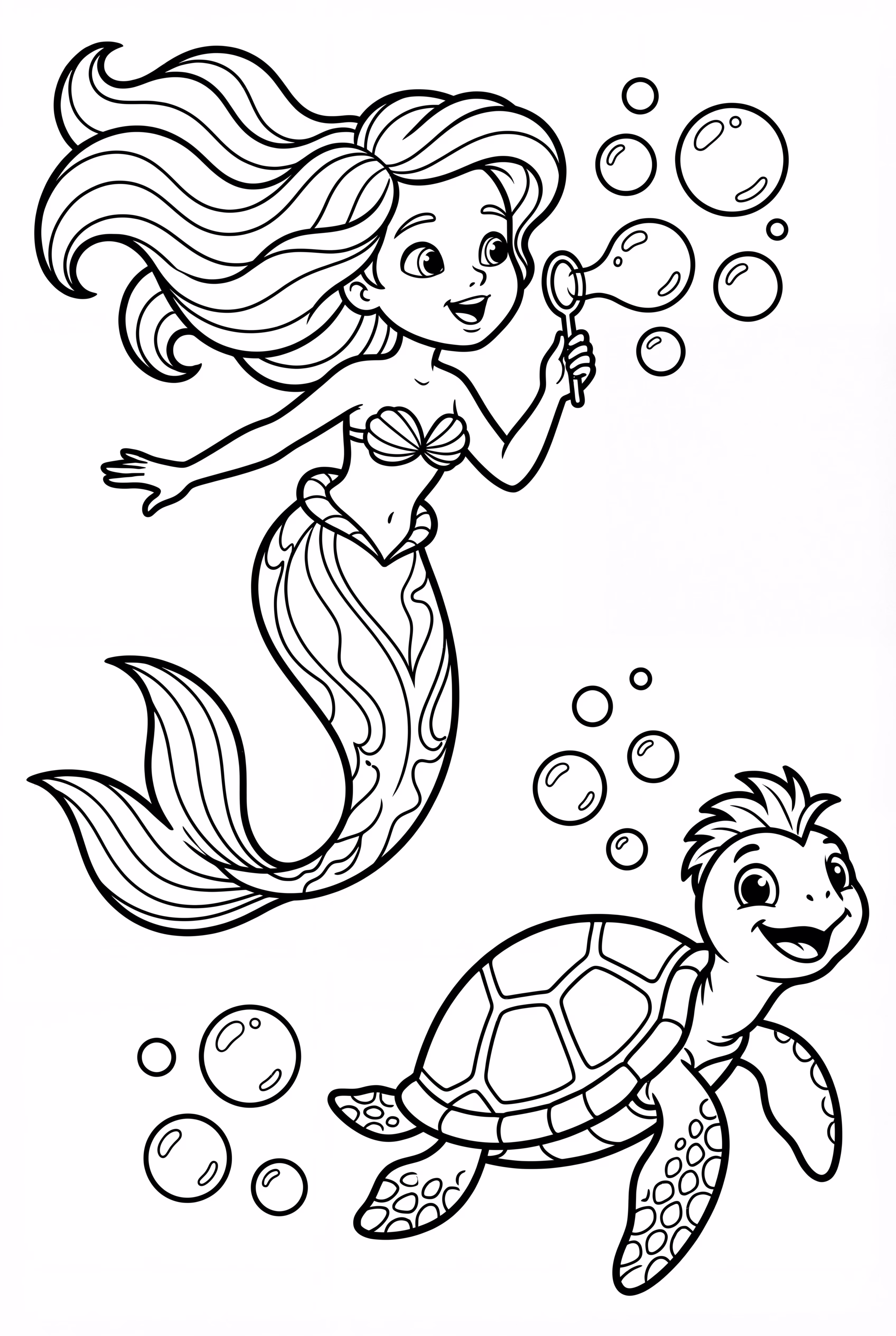 Ariel Blowing Bubbles With A Turtle