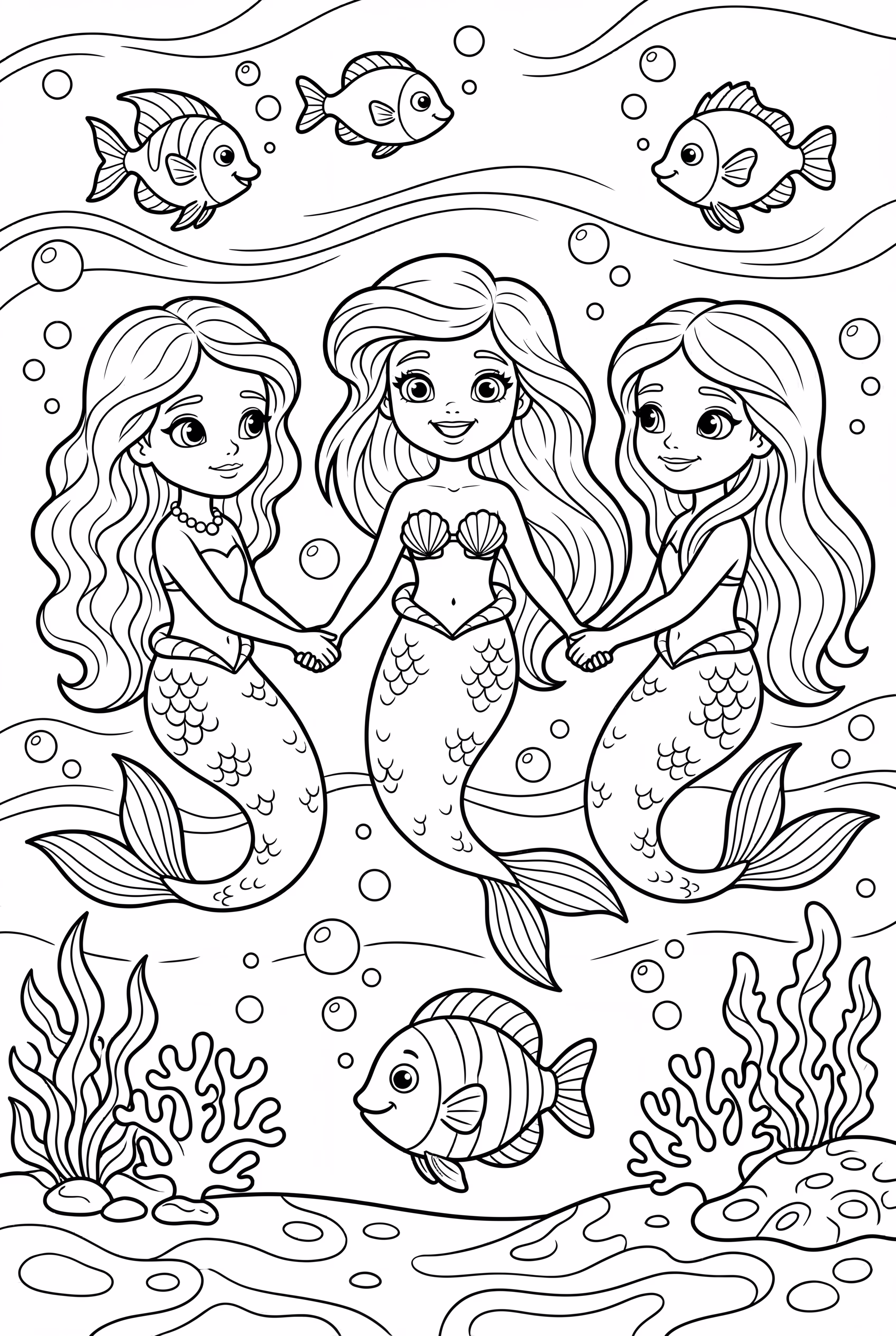 Ariel Holding Hands With Sisters And Fish