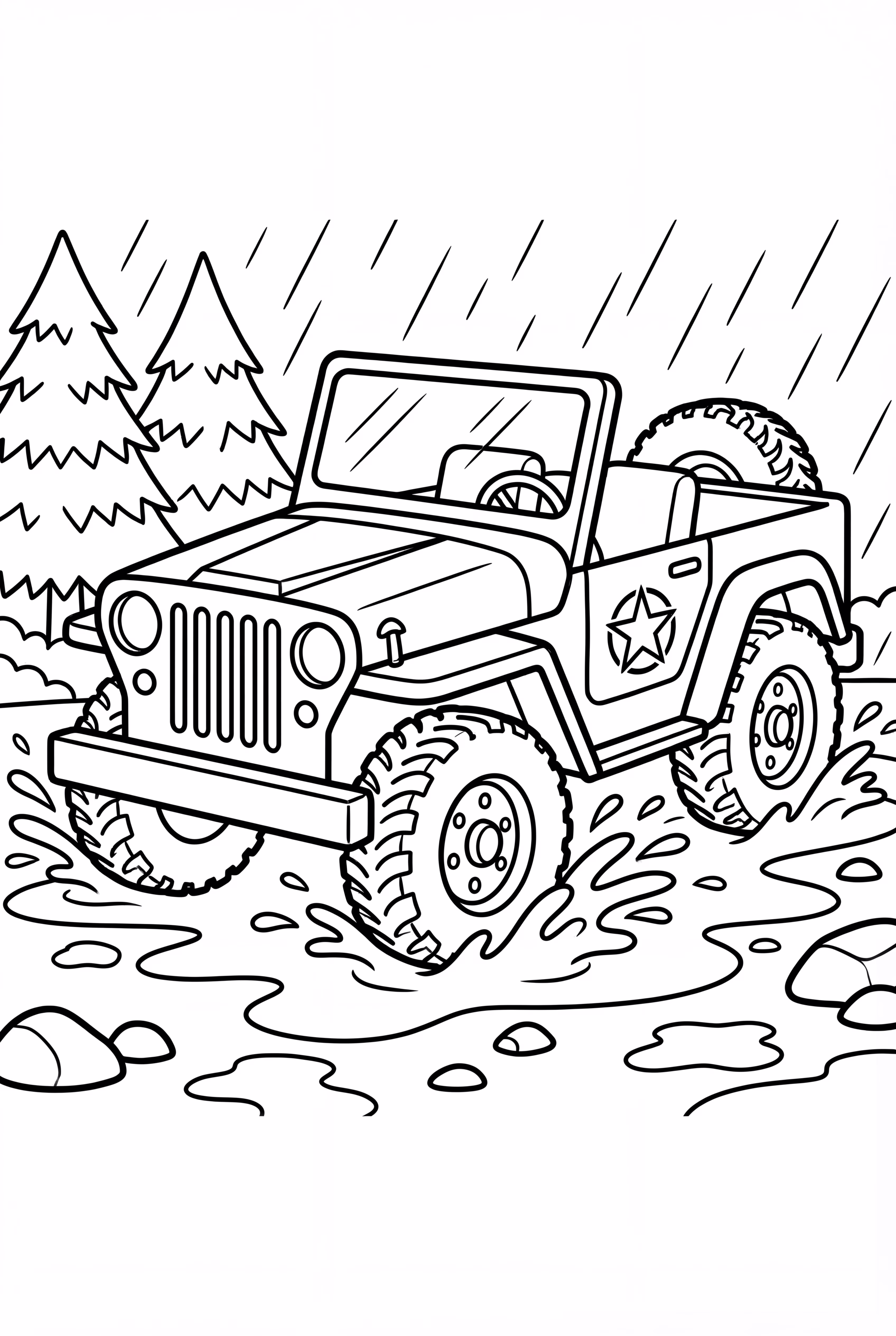 軍用吉普車濺起泥水