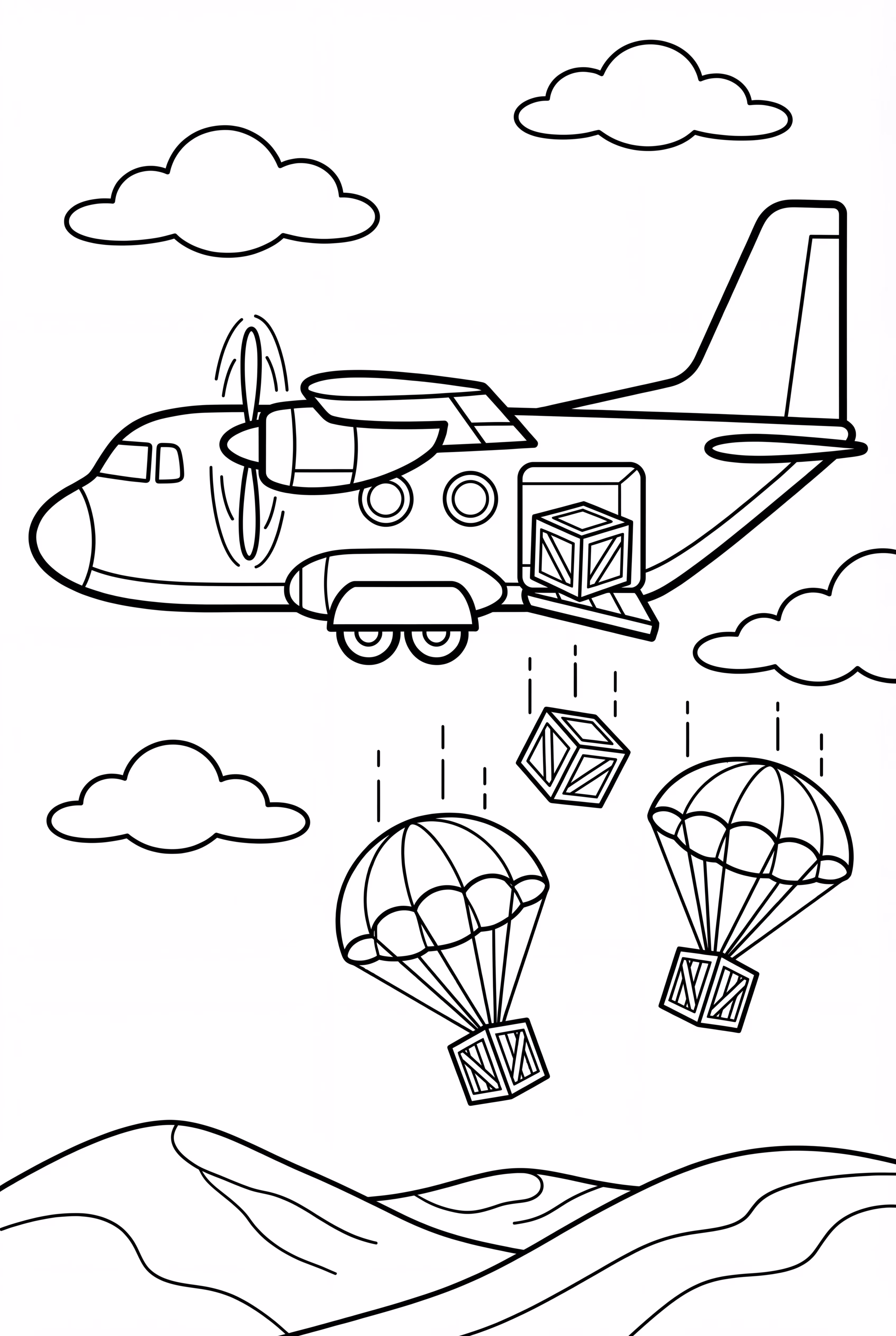 군용 비행기가 보급품을 투하하는 장면