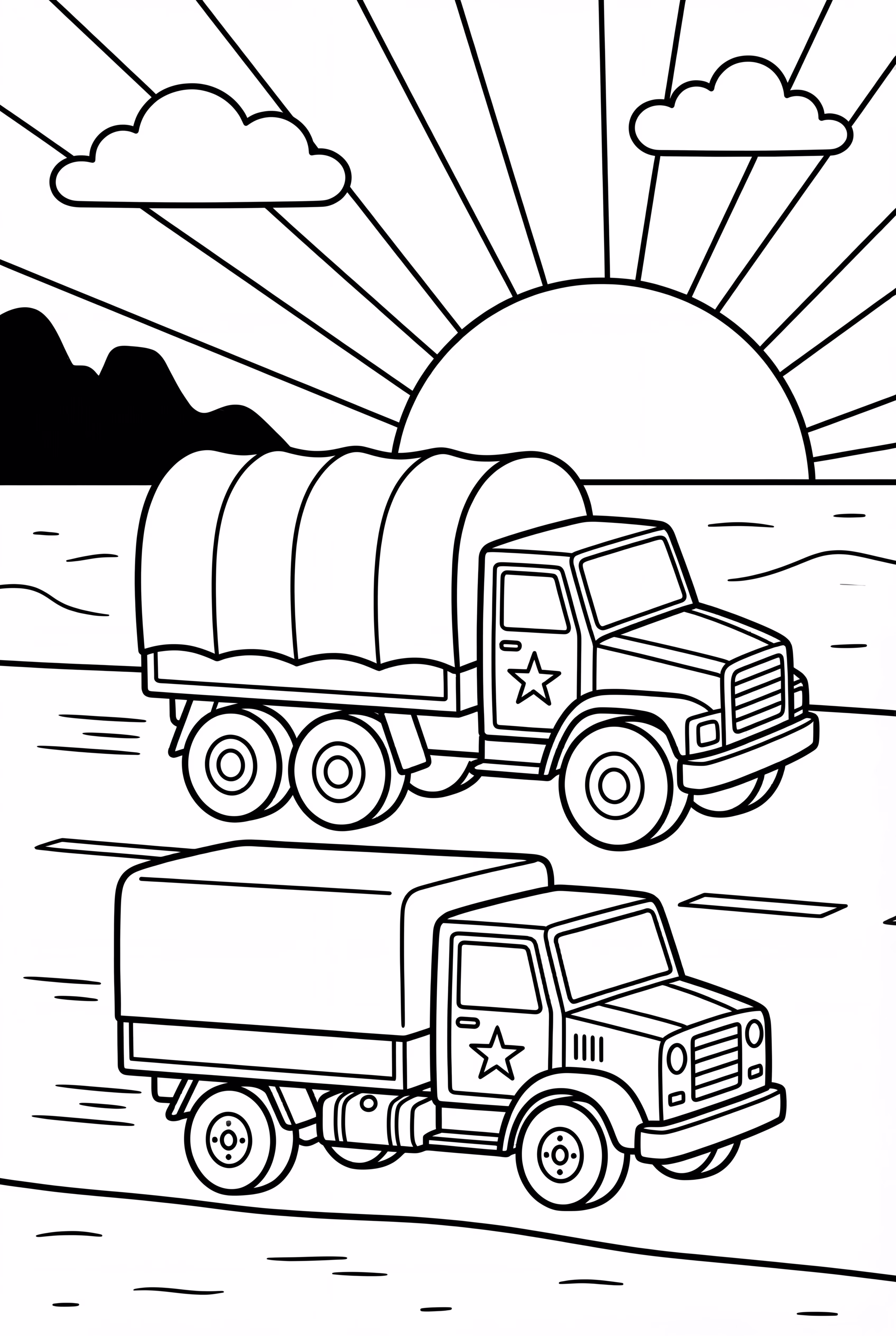 Comboio de Caminhões do Exército ao Pôr do Sol