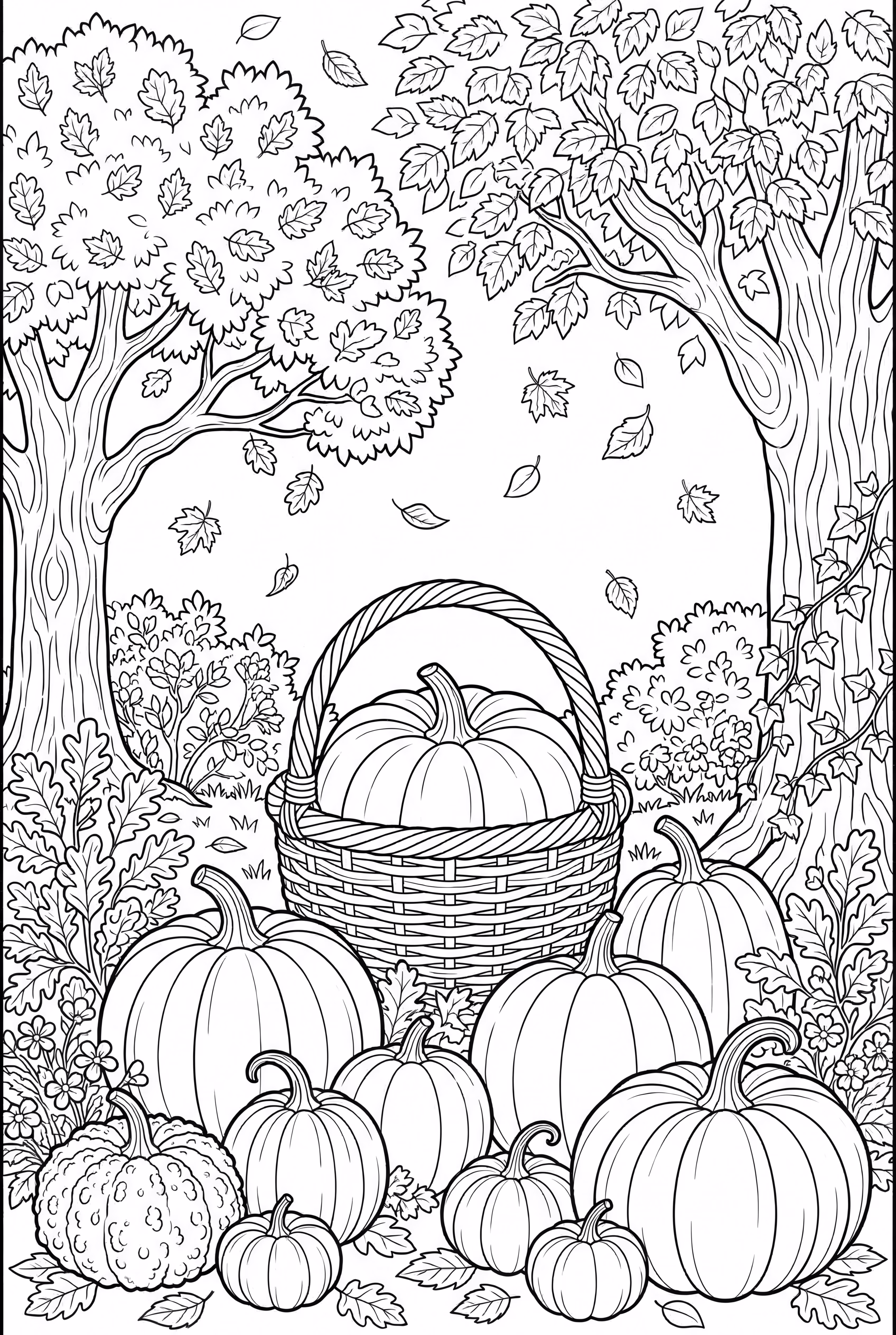 Cena de colheita de outono com abóboras e árvores