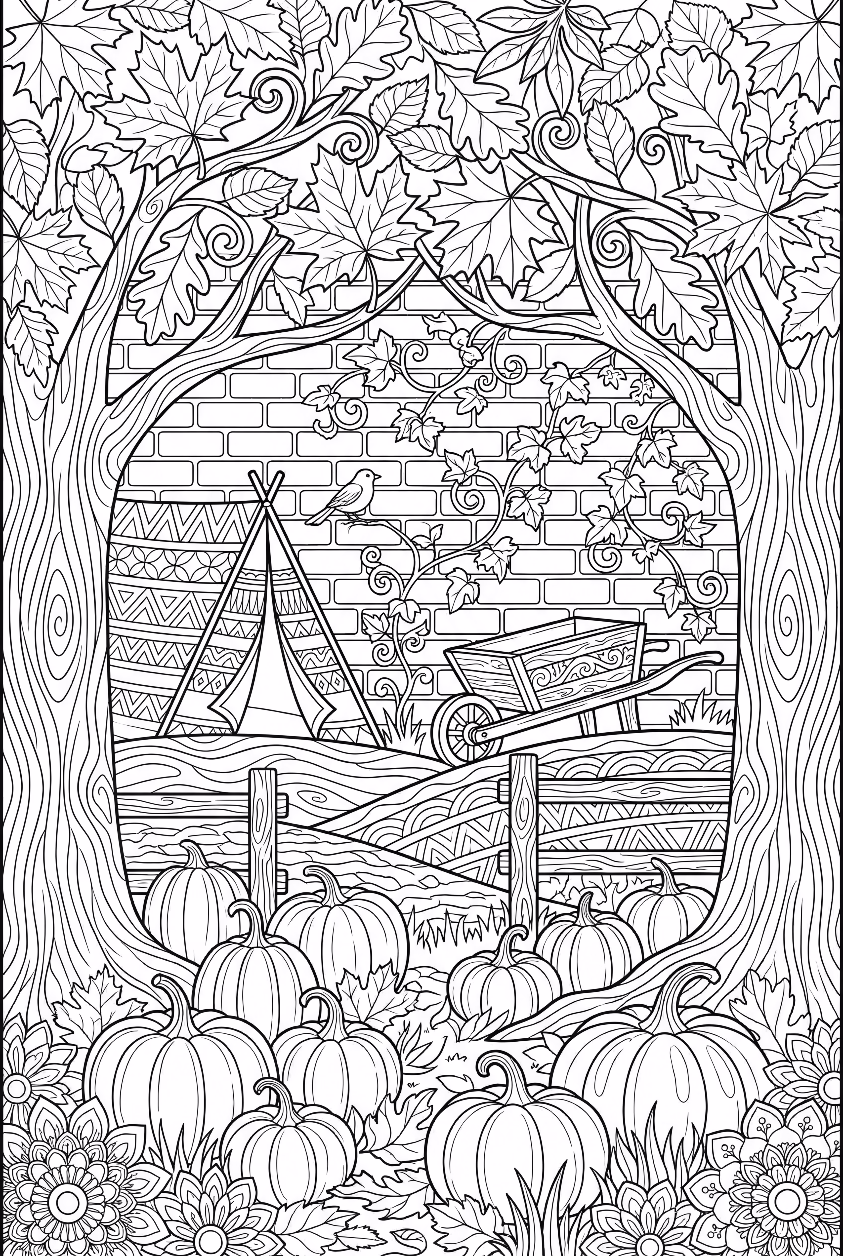Scène de récolte d'automne avec des citrouilles et des arbres-2