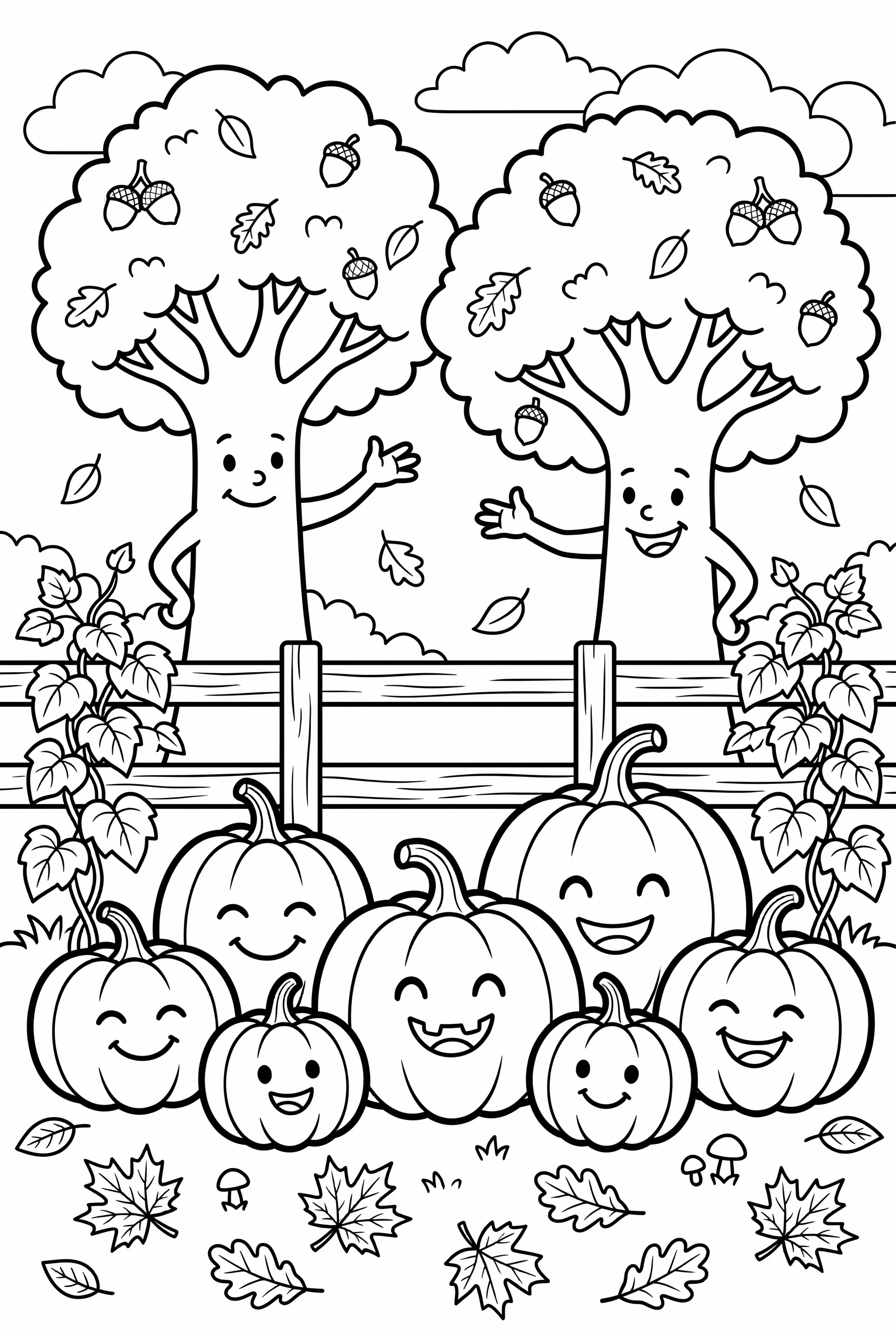 Autumn harvest scene with pumpkins and trees