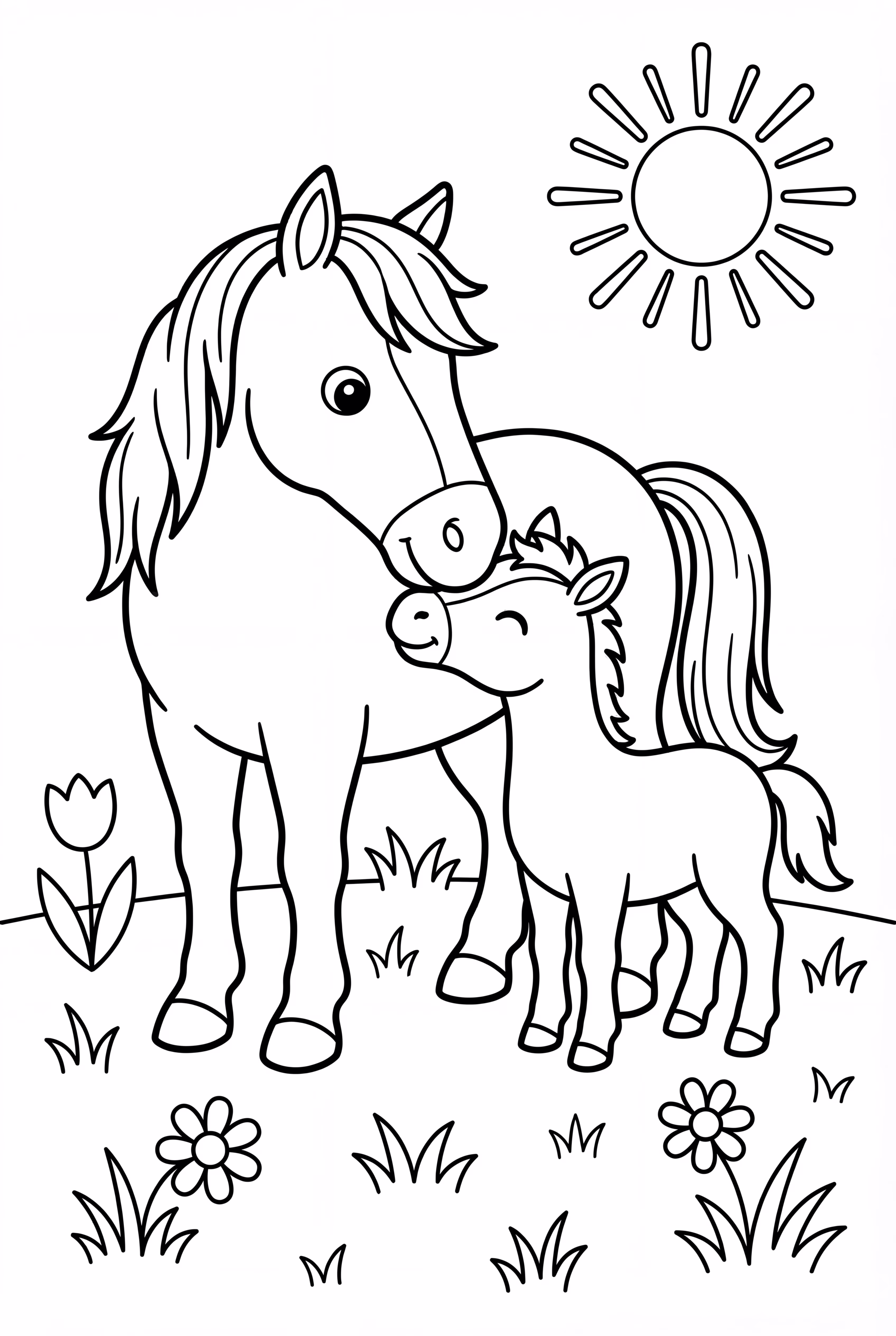 Baby Horse Nuzzling Mother In Meadow