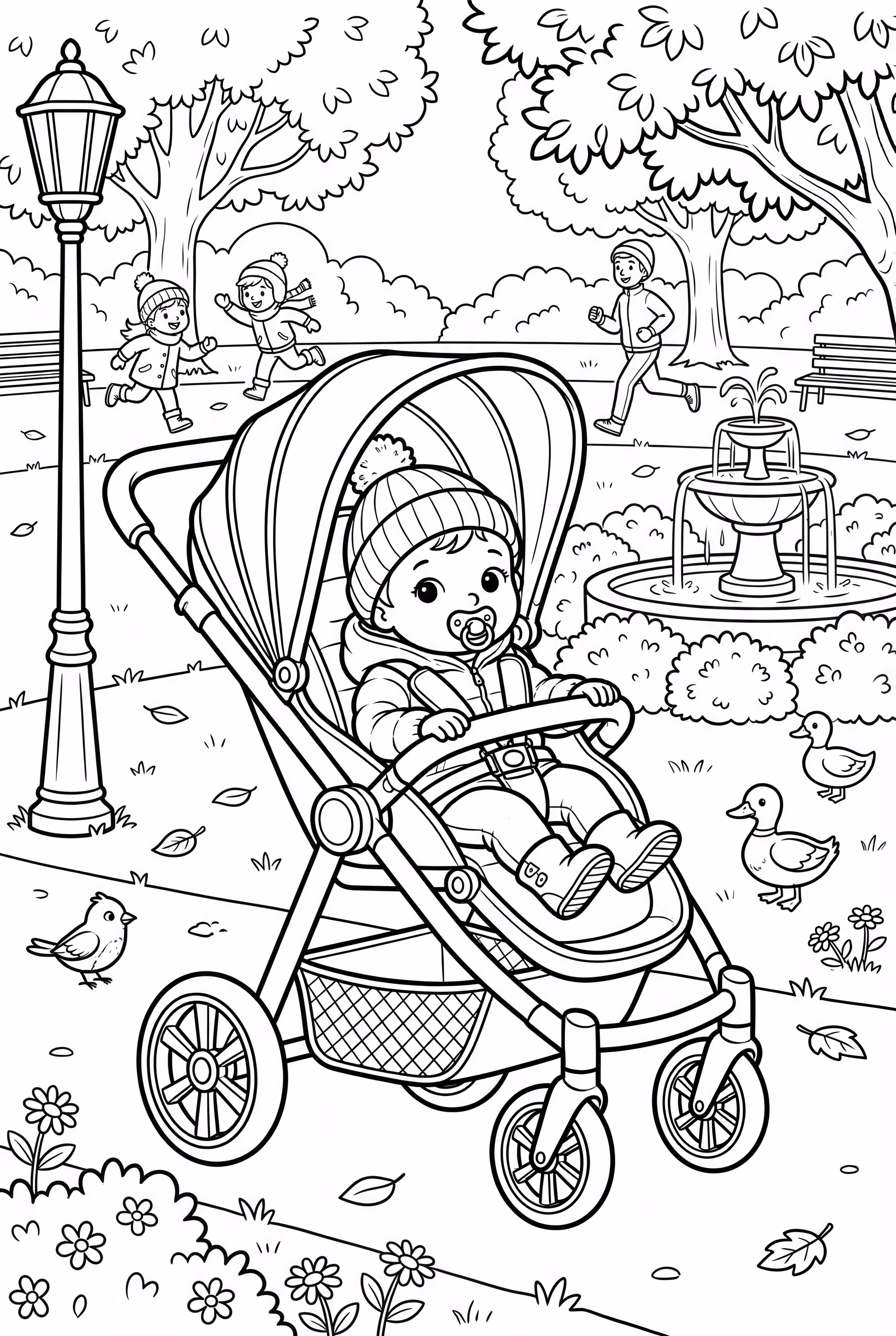 분주한 공원에서 유모차에 탄 아기