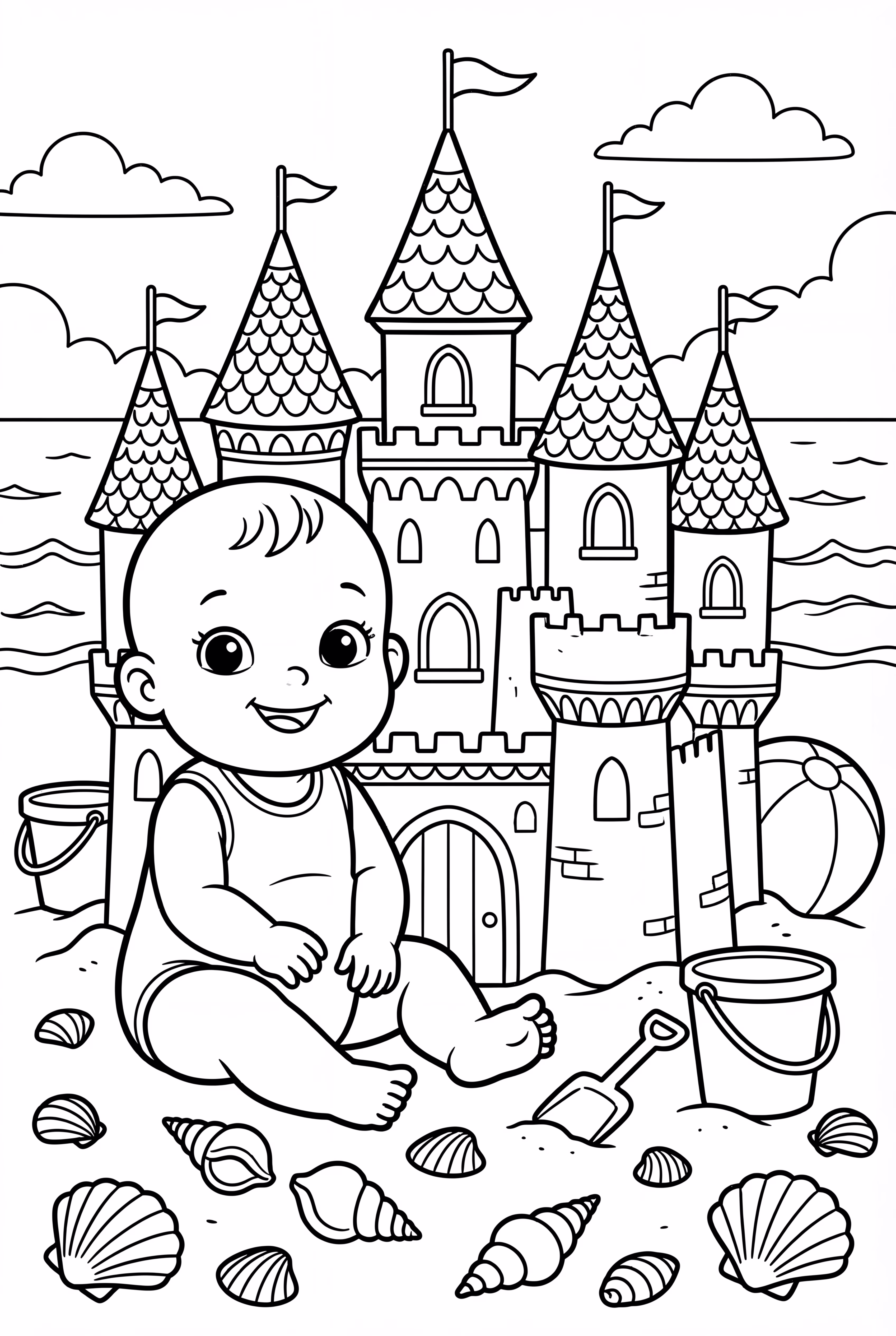 Baby On A Beach Building A Sandcastle