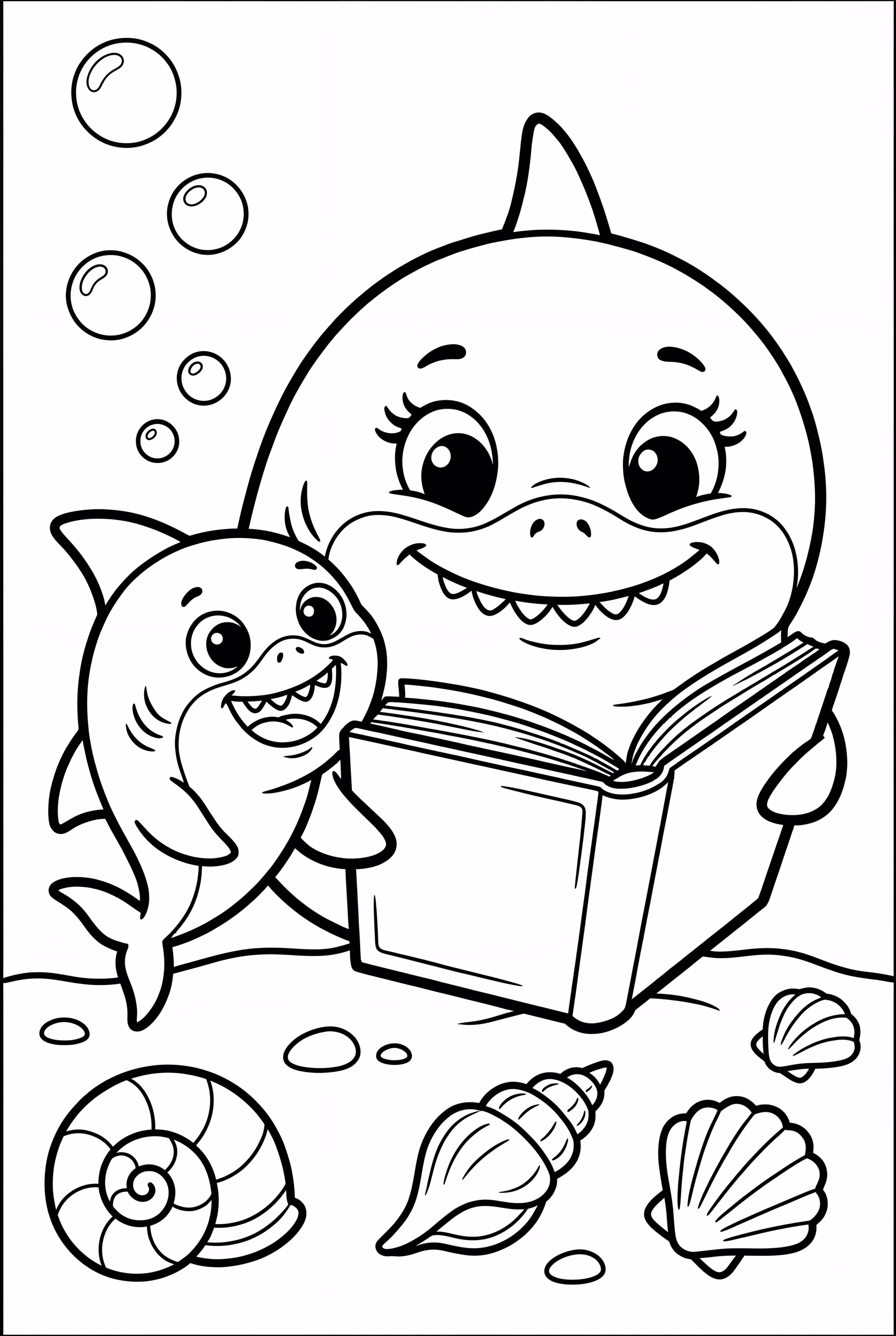 Bébé Requin et Maman Requin lisant un livre