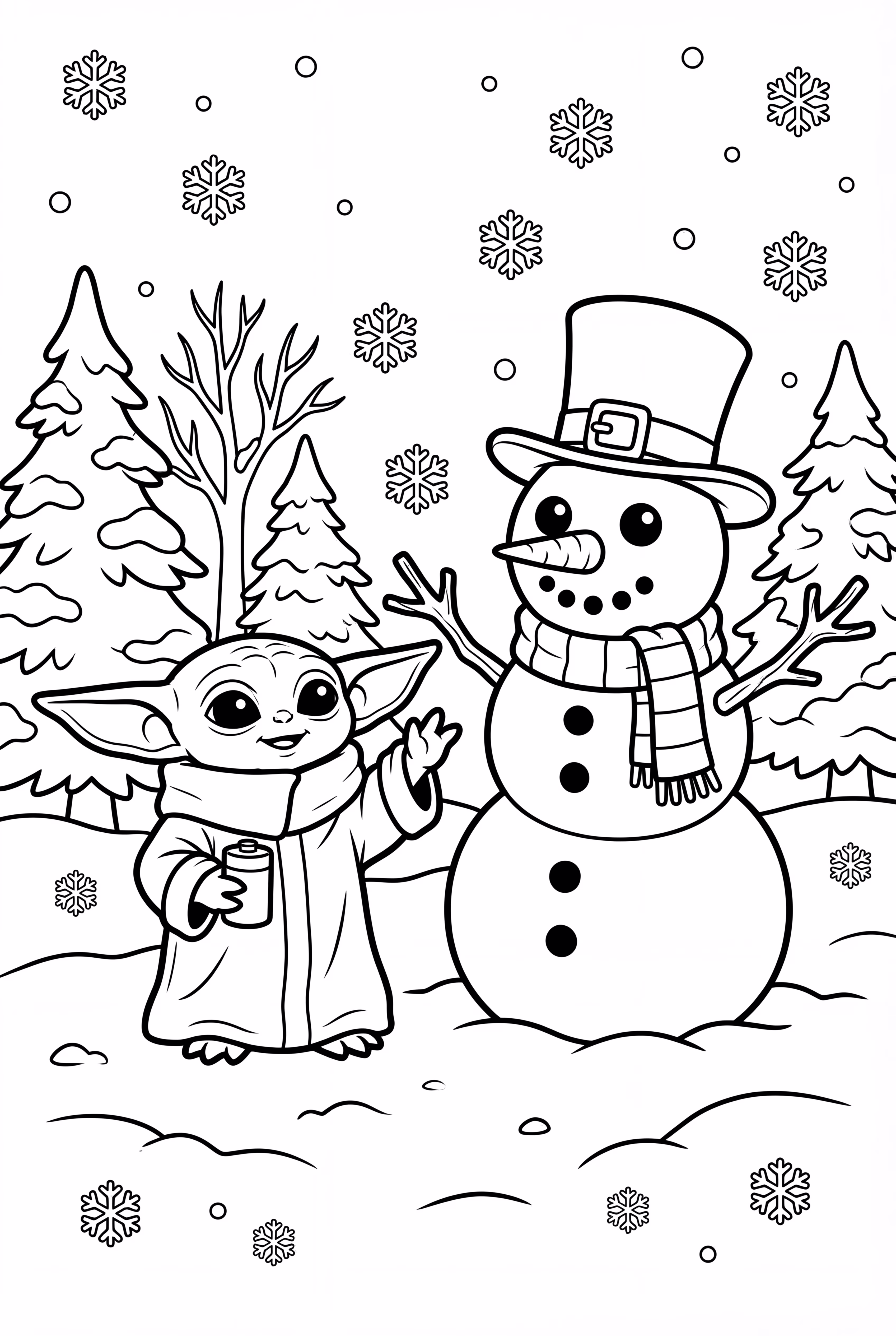 Baby Yoda Winter Snowman Drawing