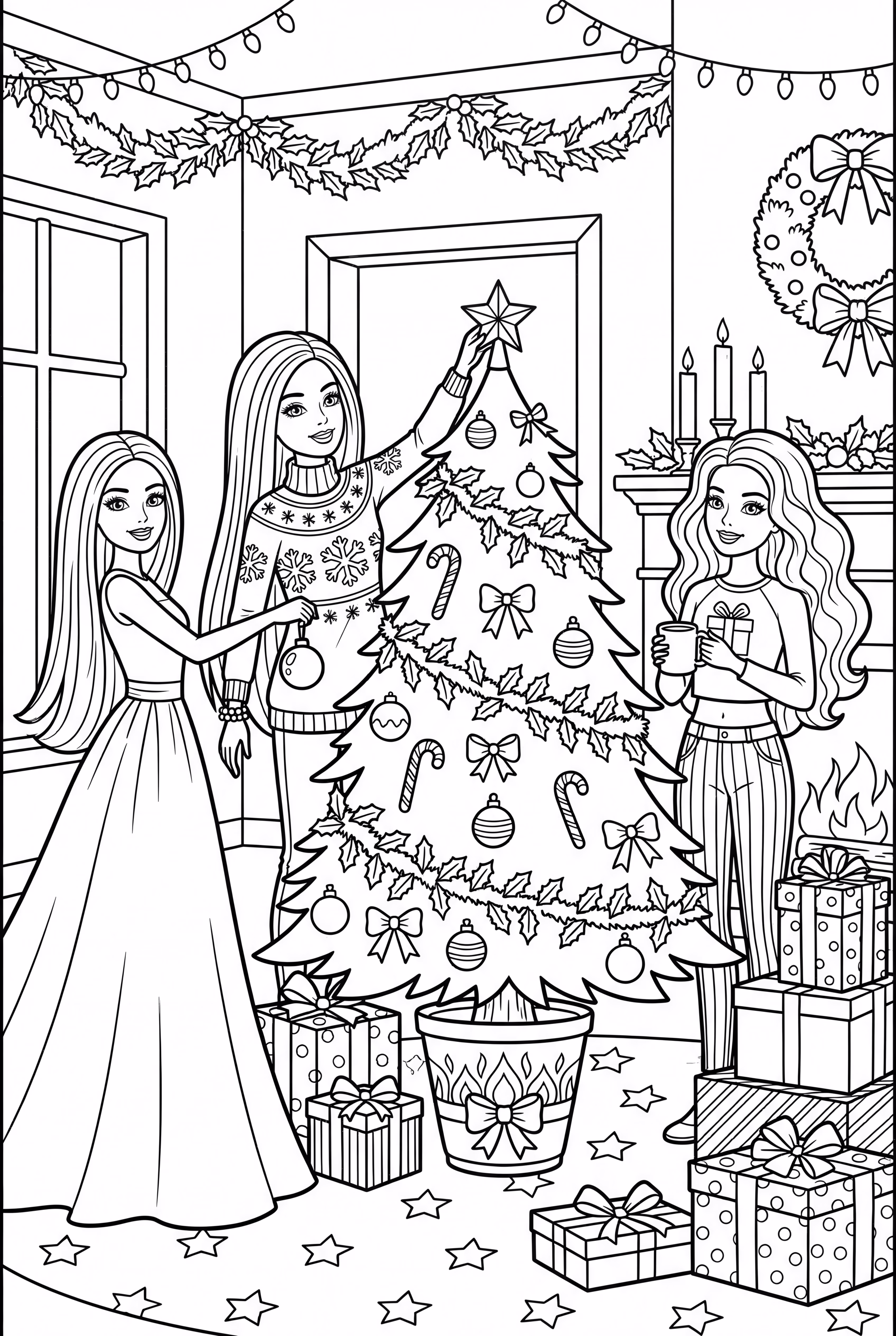 바비와 친구들이 크리스마스 트리를 꾸미고 있어요