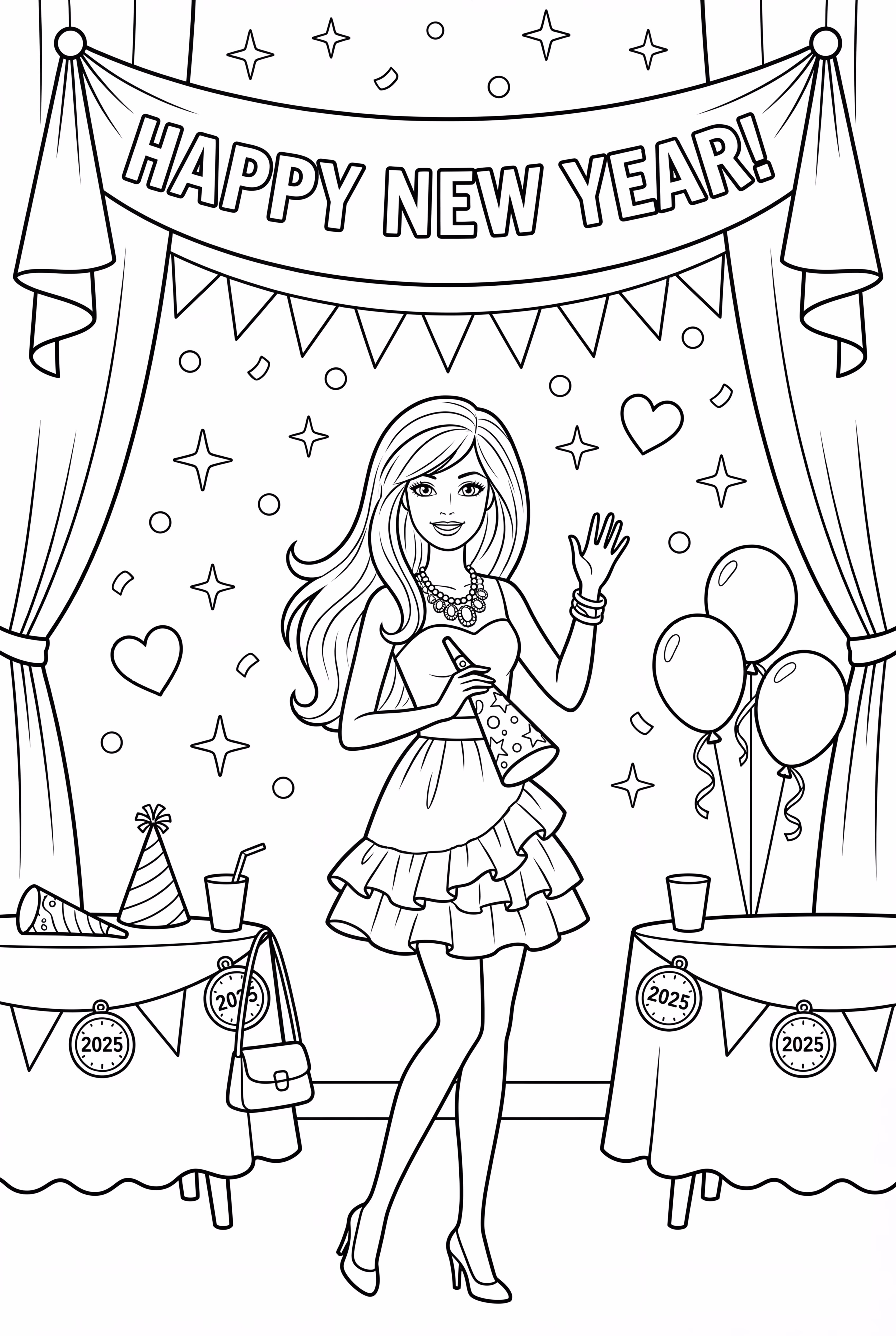 芭比在2025新年橫幅下派對