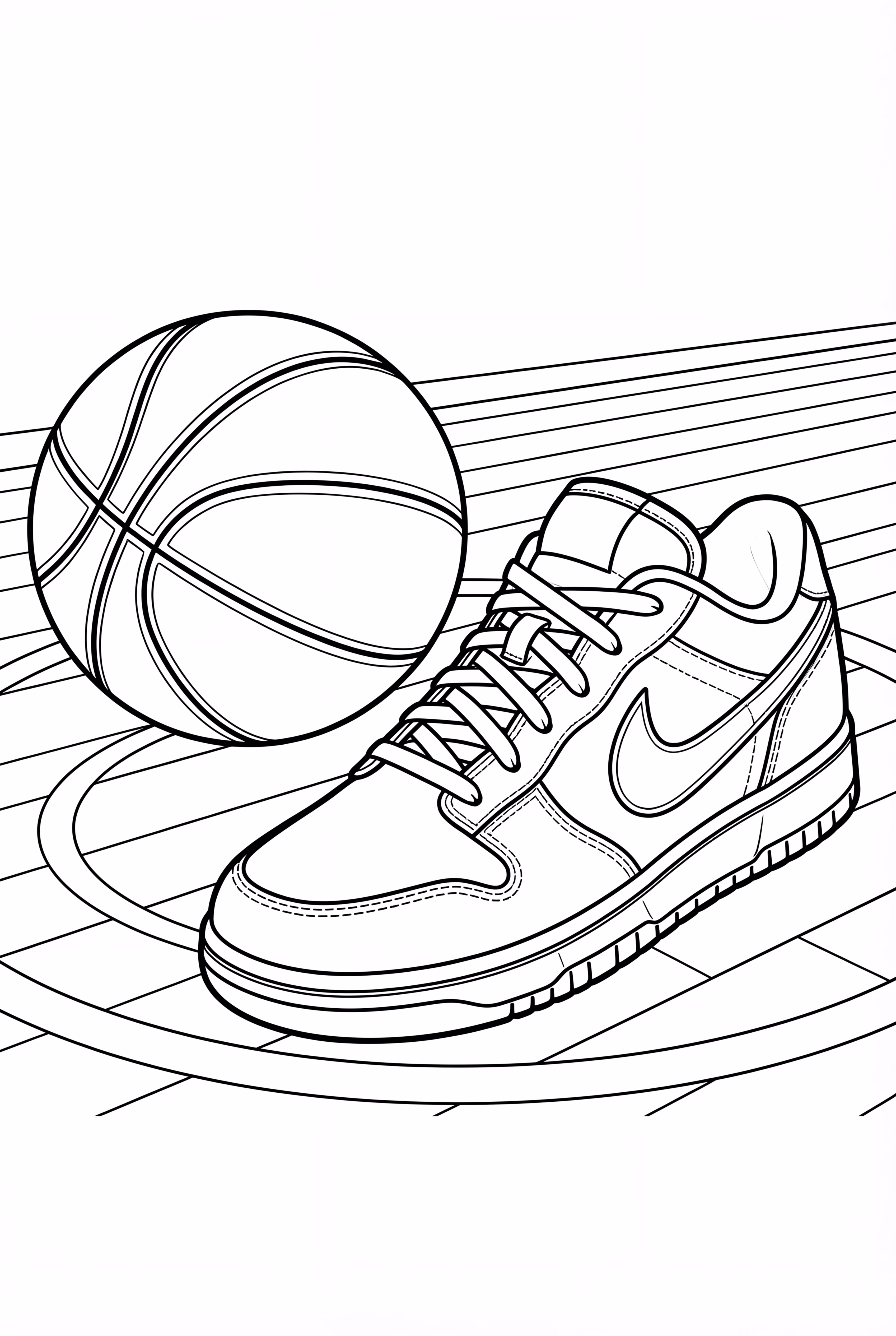 Basketball and shoes on the court
