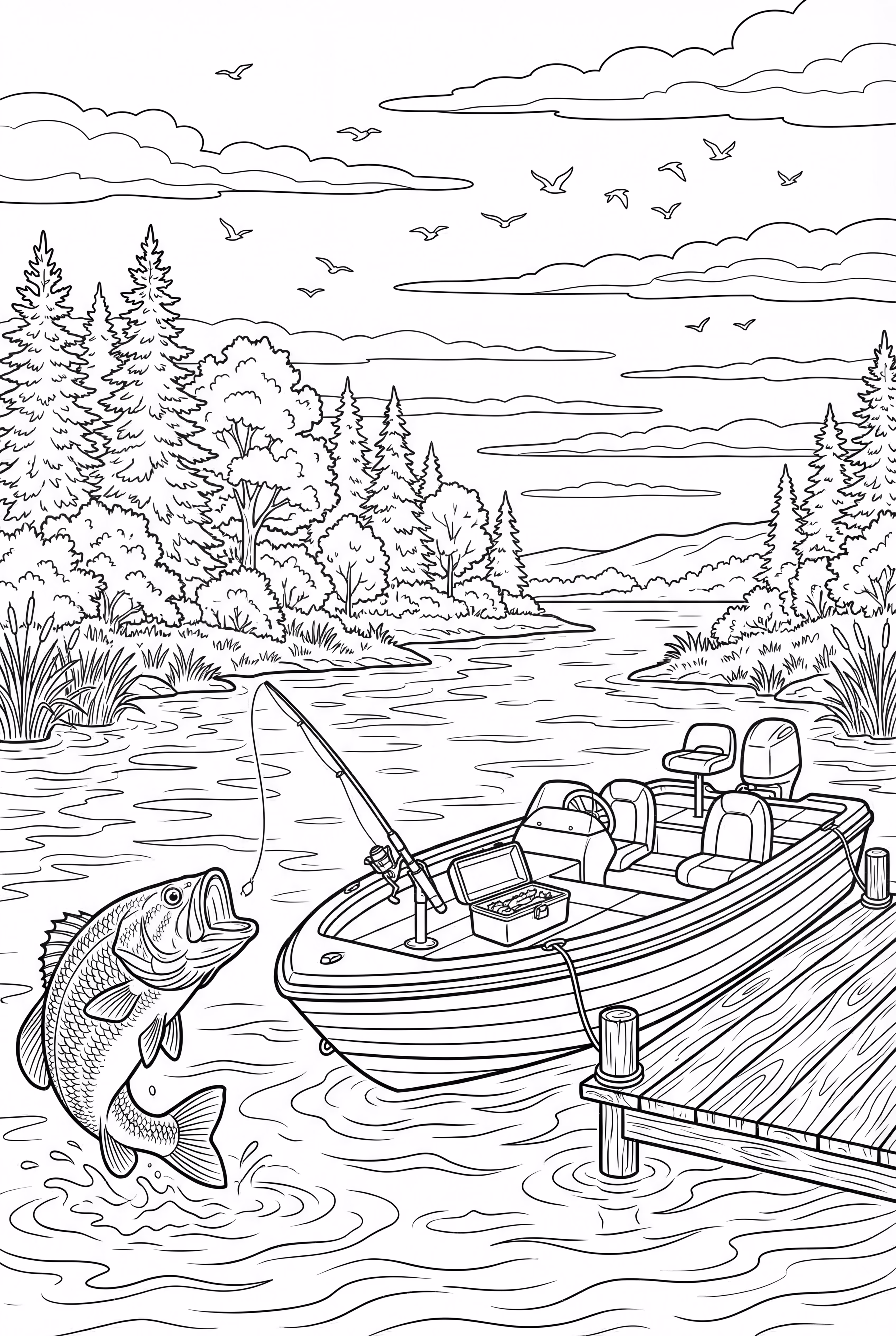 조용한 강에 있는 배스 보트