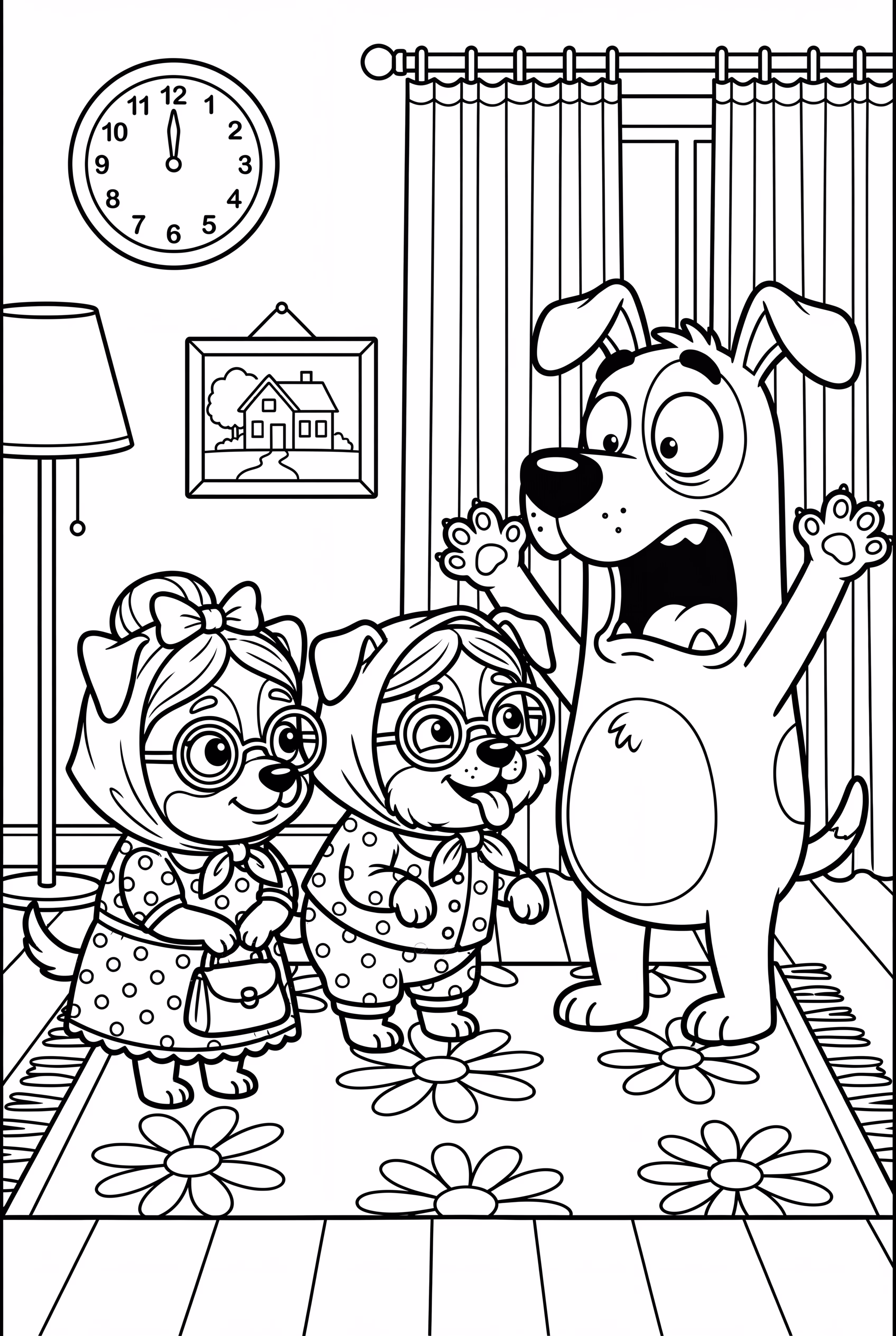 Bluey et Bingo déguisés en mamies taquinant leur papa