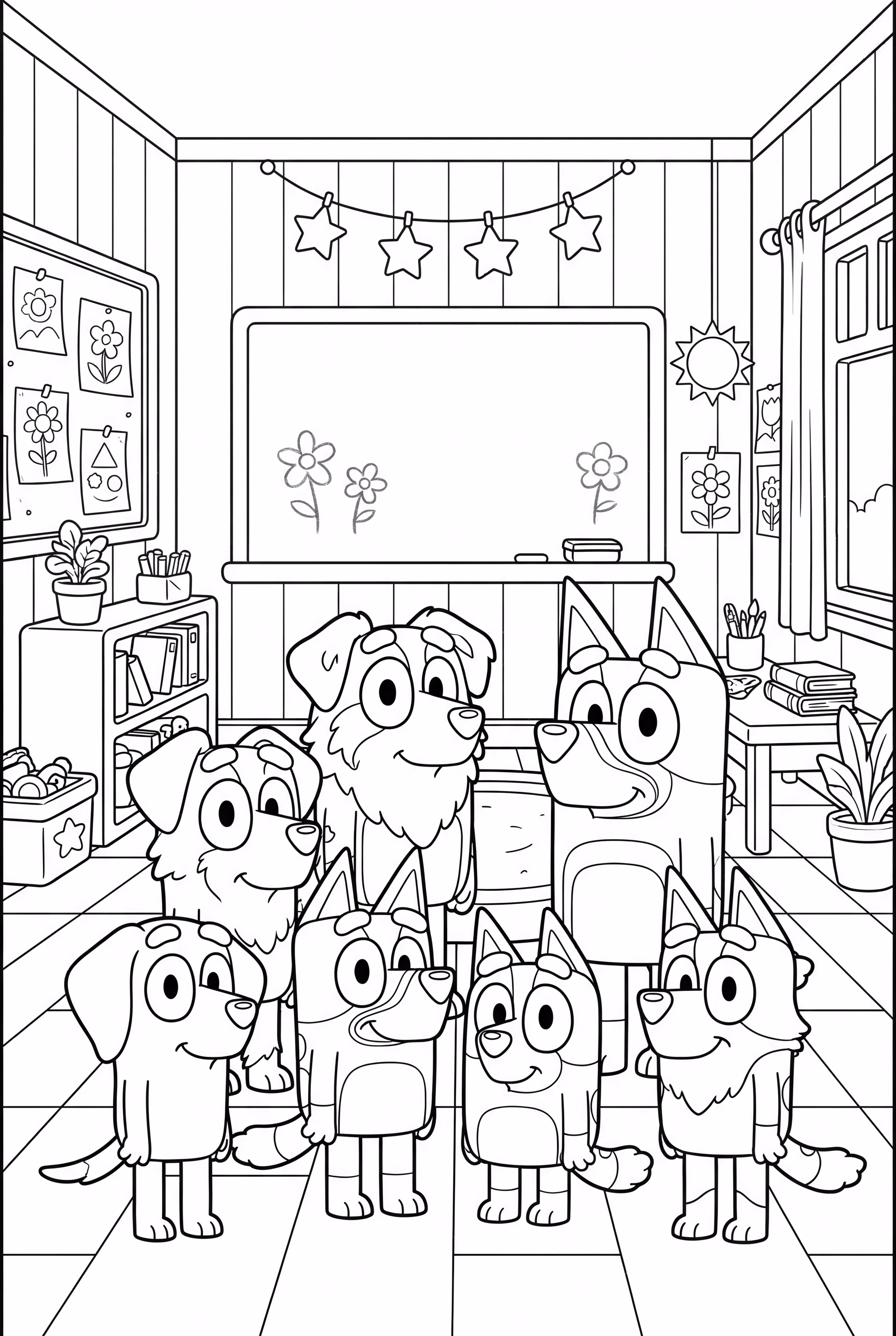 Bluey e seus colegas de classe com Calypso, a professora