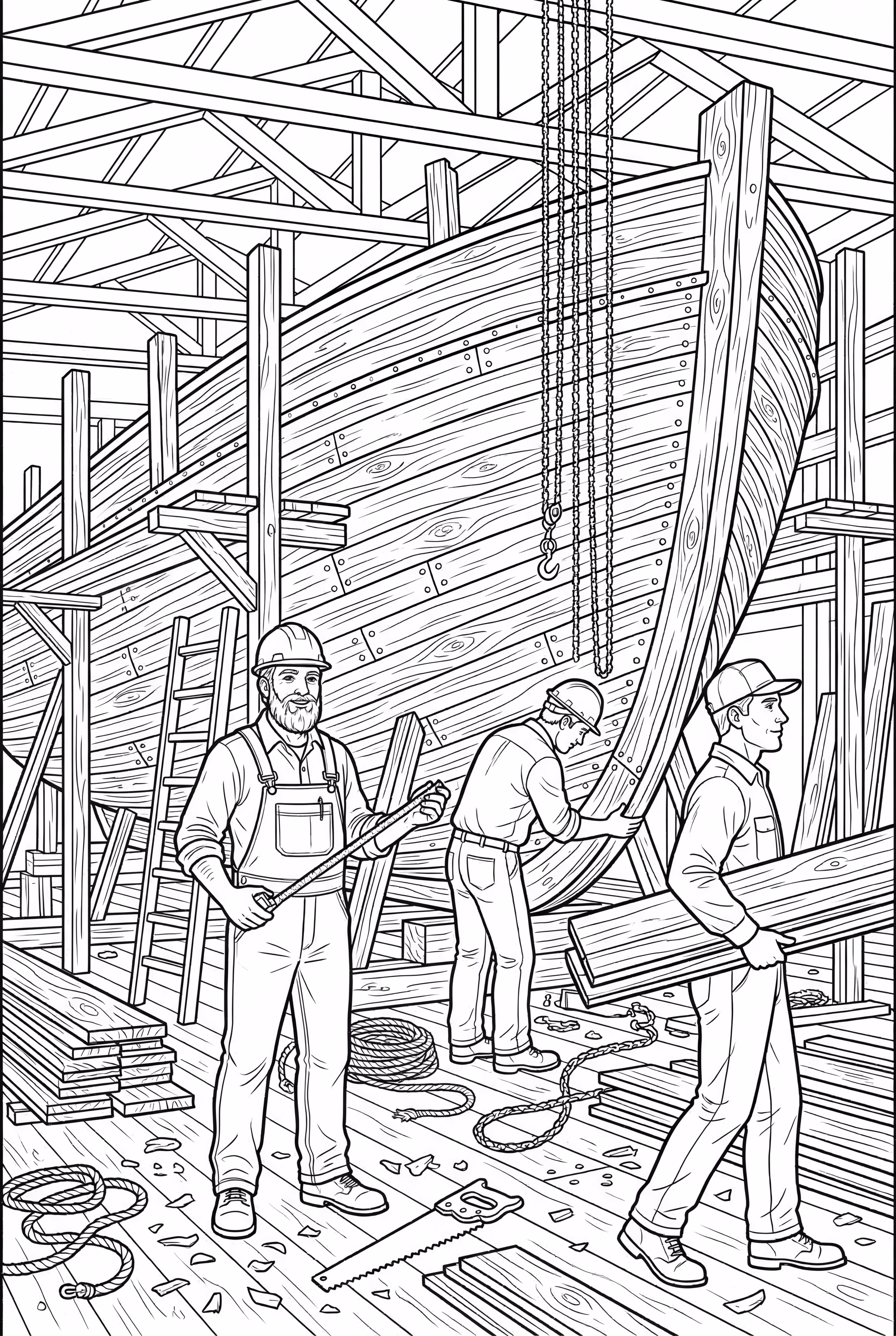 목재 선체에서 작업하는 배건축가들