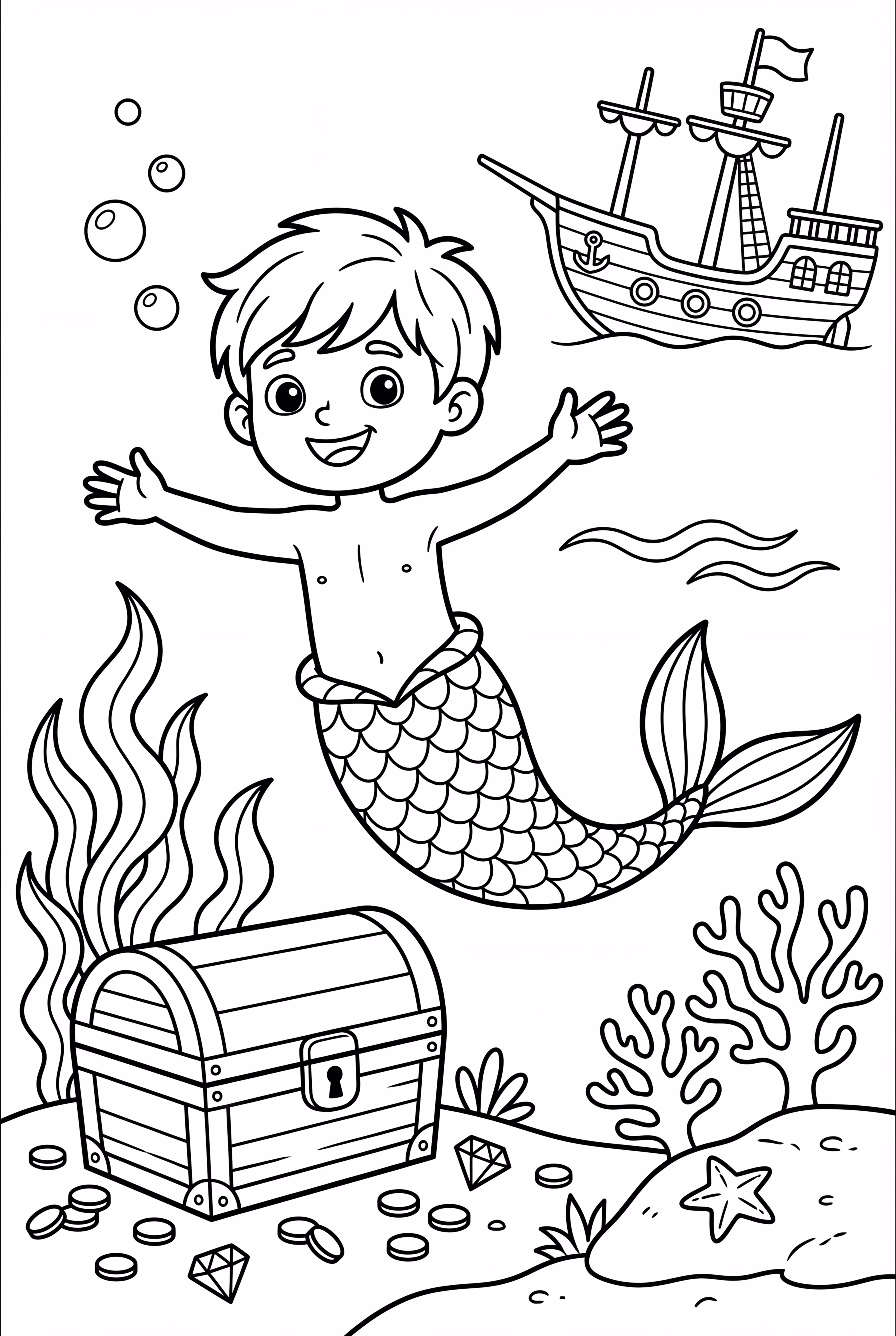 Menino Sereia Explorando Tesouro Submerso