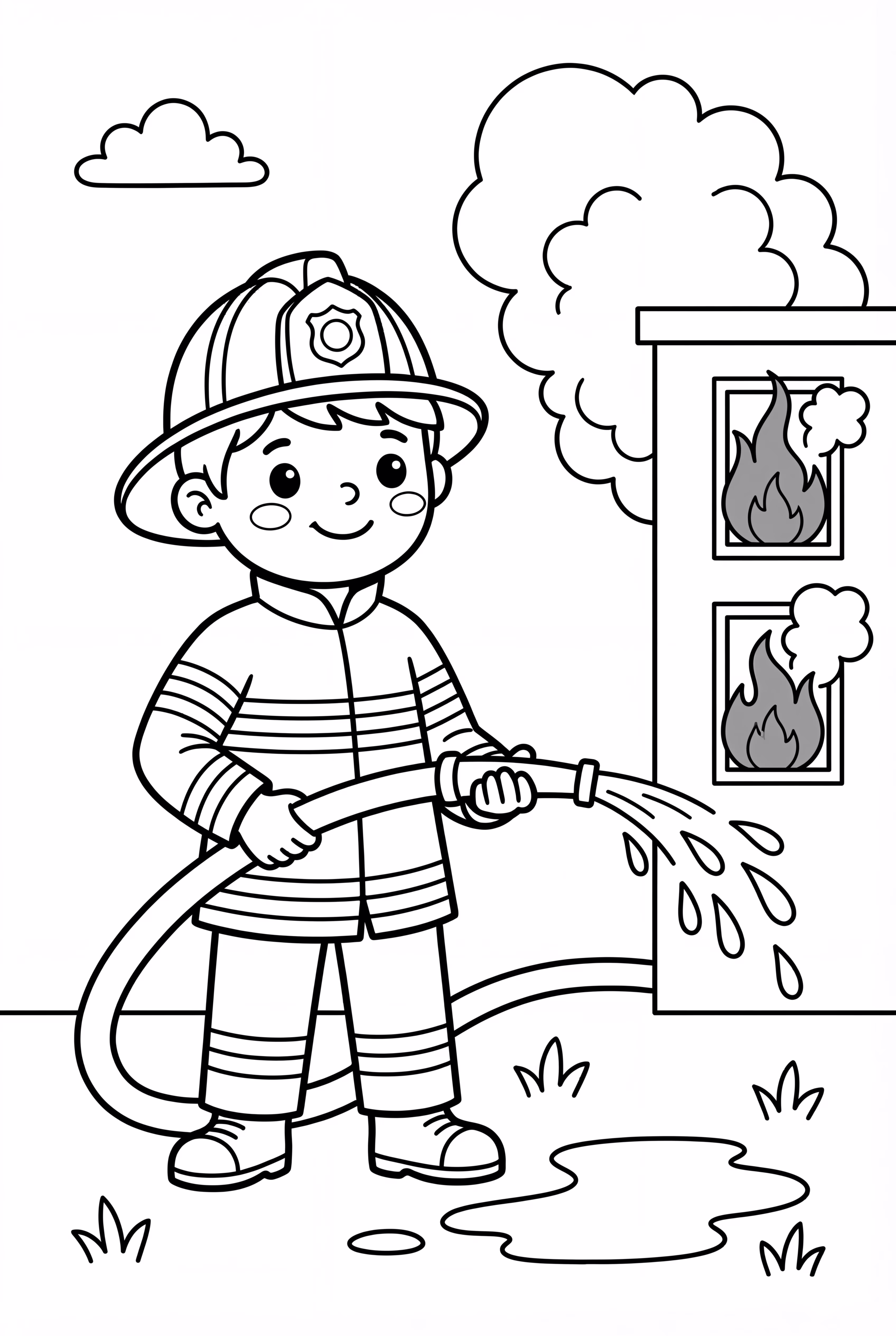 Brave Fire Safety Firefighter With Hose