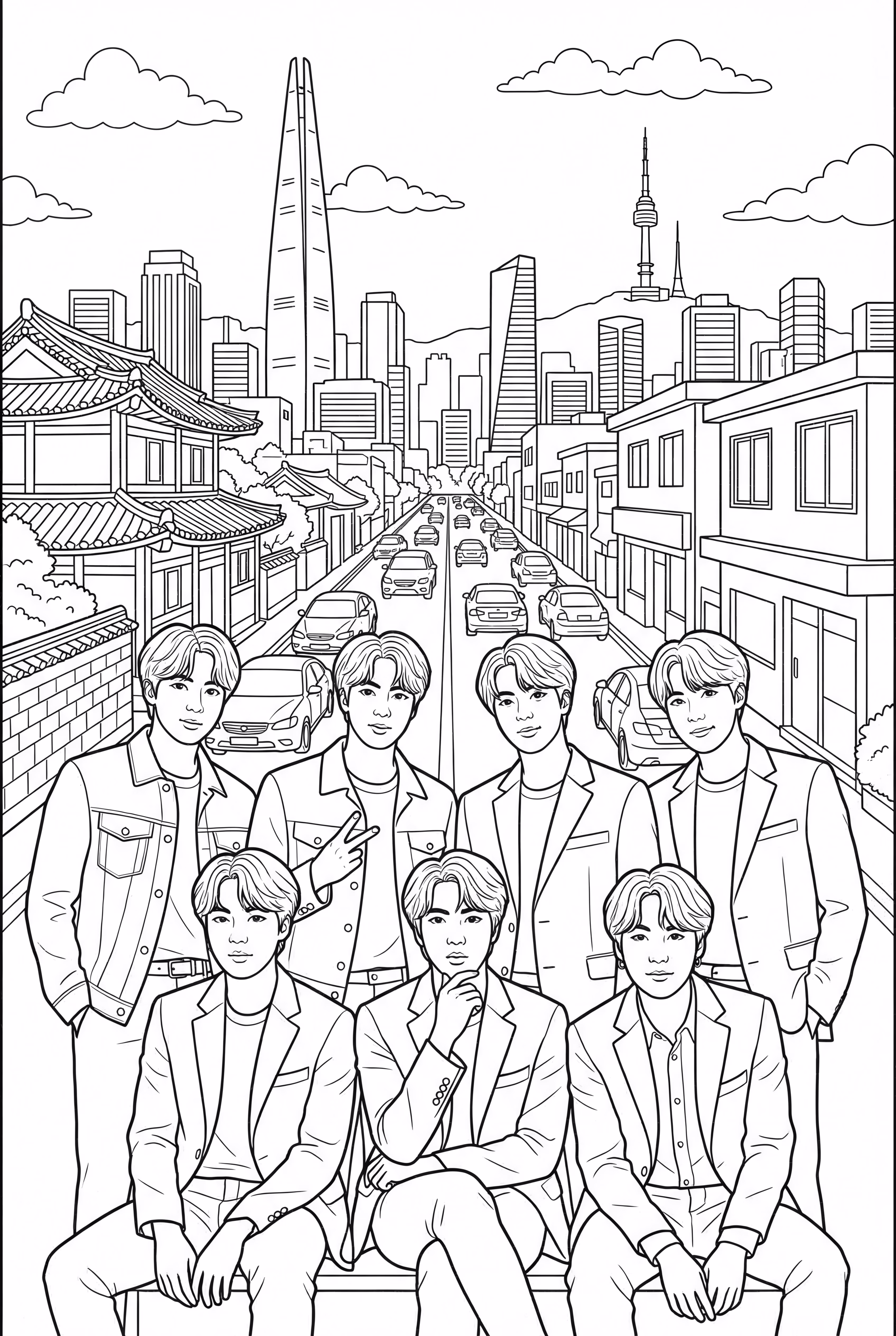 BTS Posing In A Detailed Seoul Cityscape
