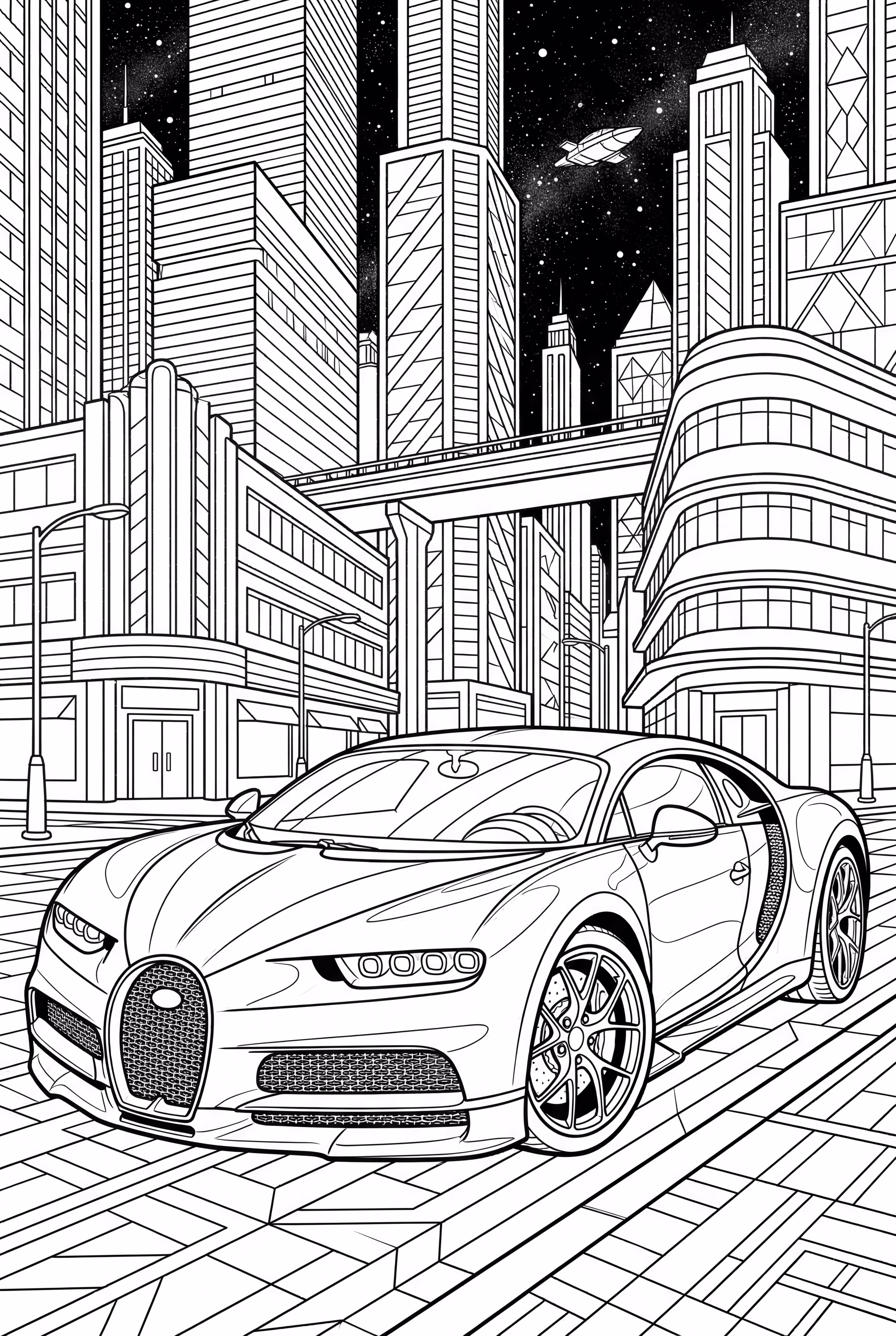 Bugatti dans une ville futuriste au néon