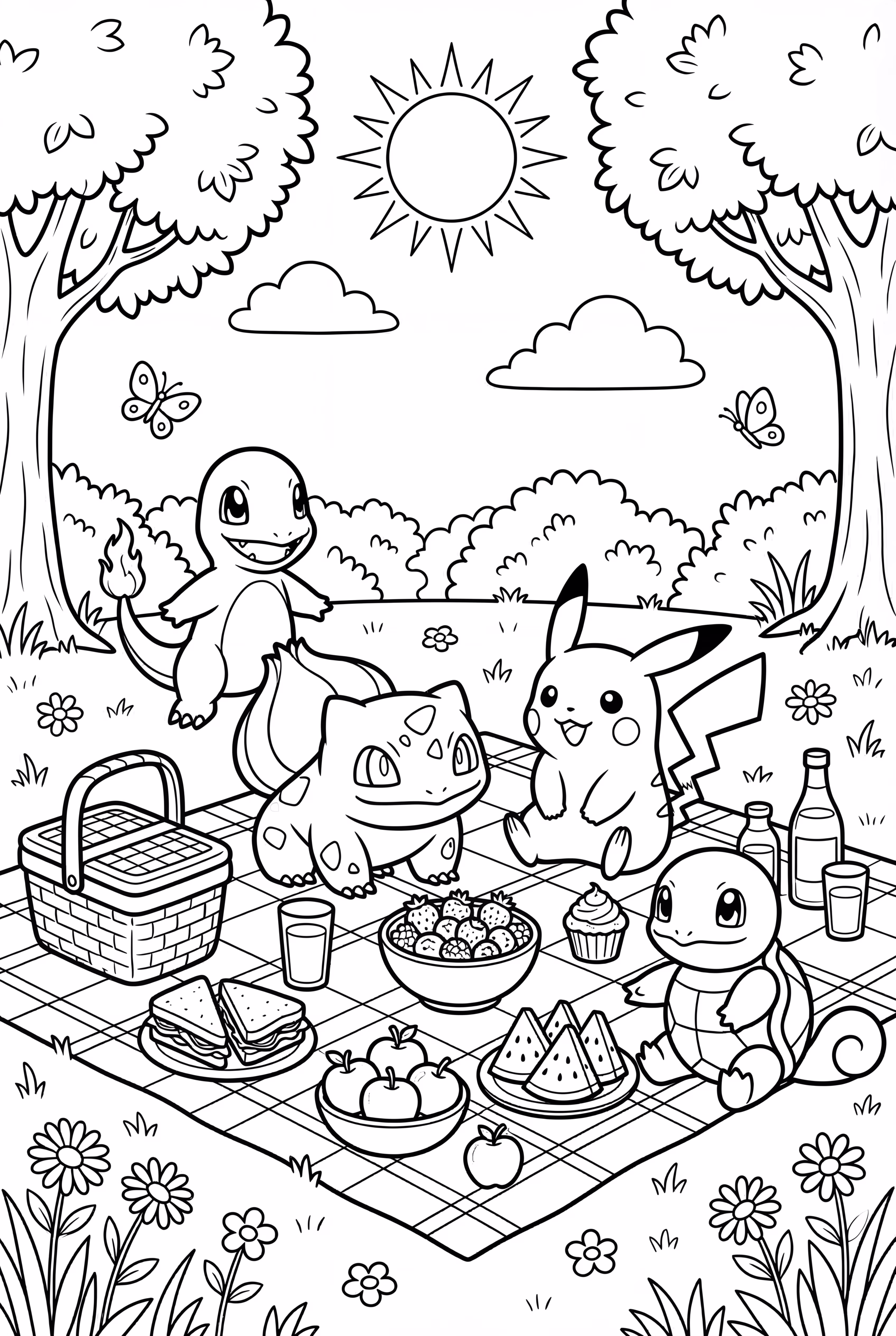 Bisasam und Freunde auf einer Picknickdecke