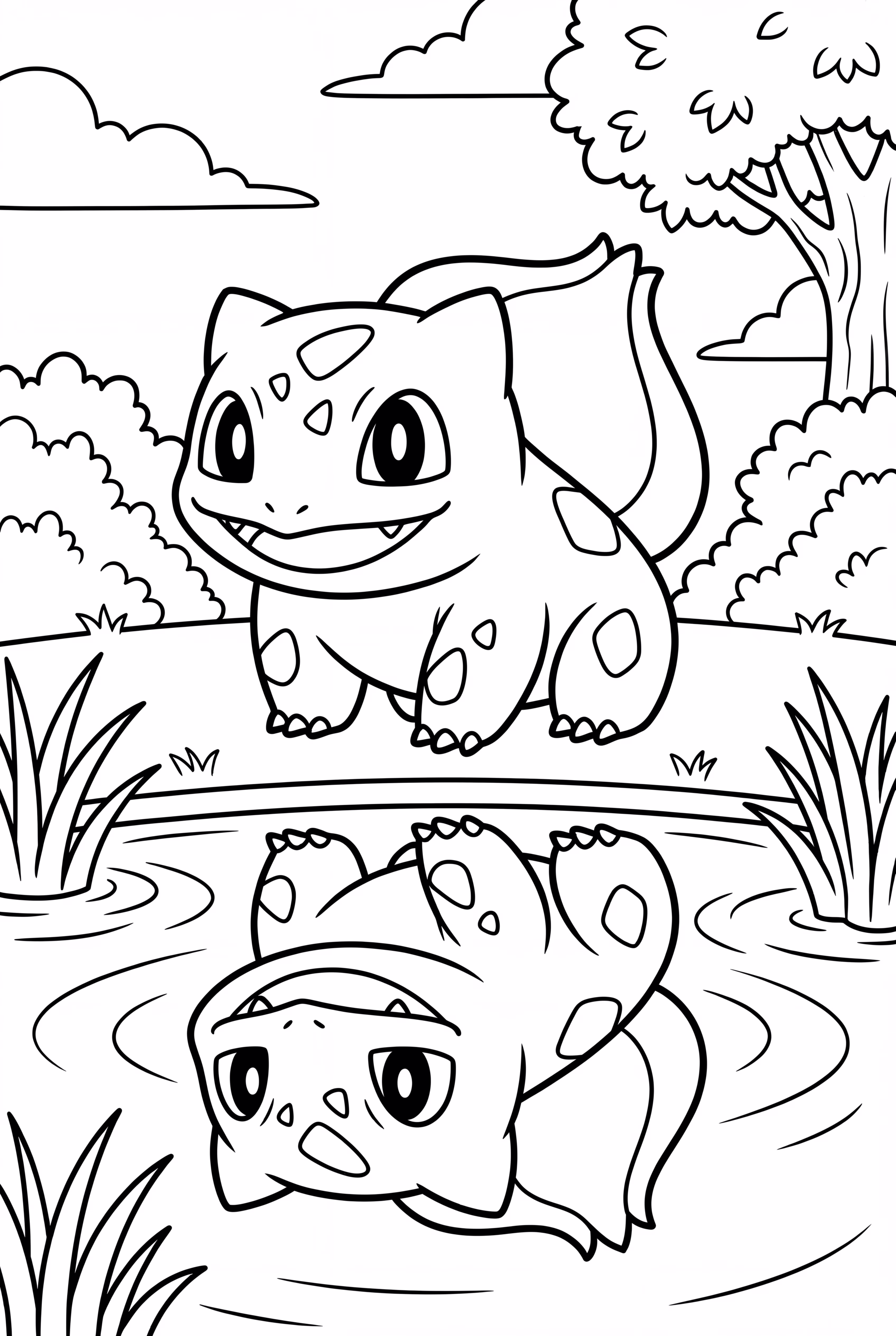 Bisasam blickt auf sein Spiegelbild