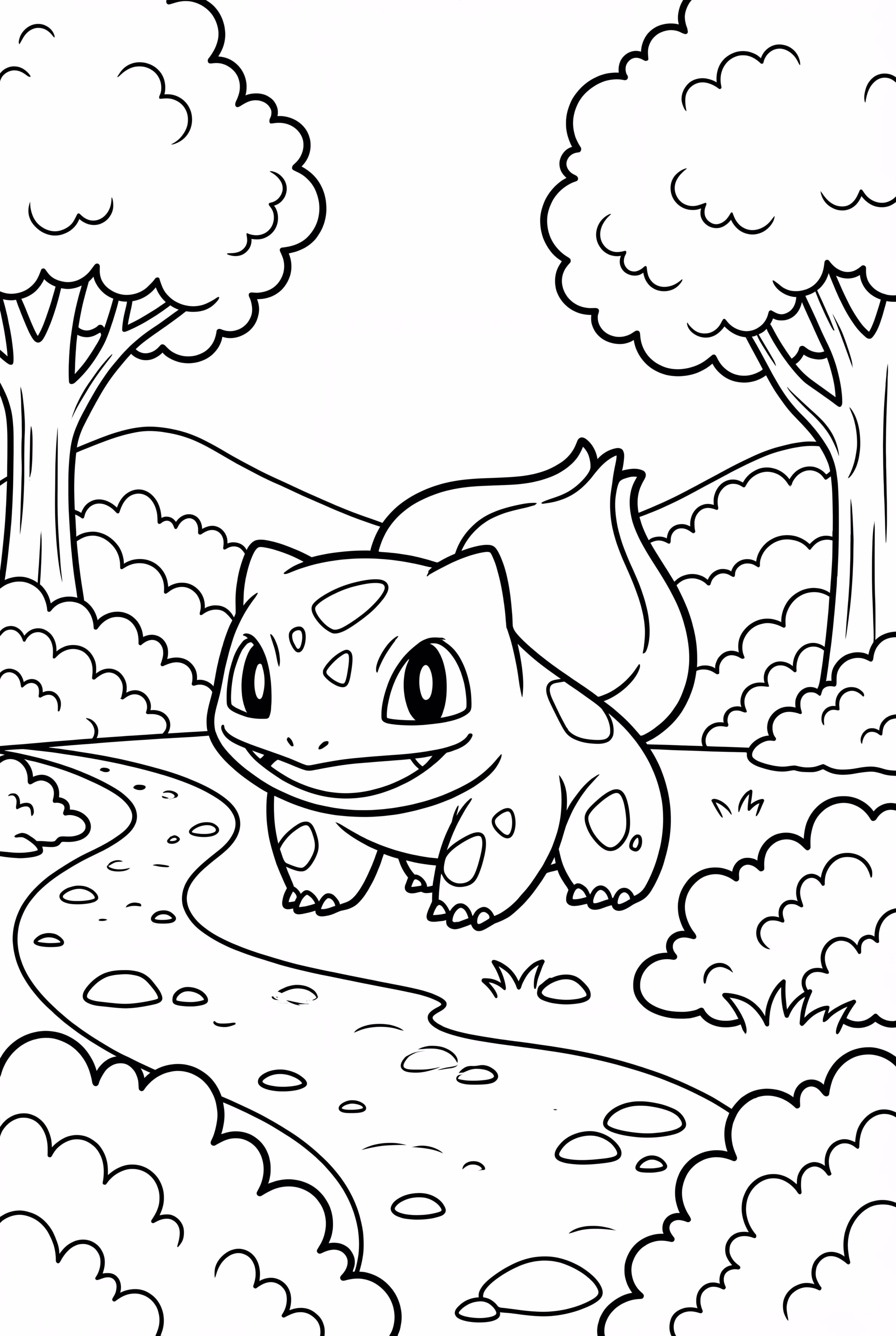 Bisasam auf einem gewundenen Waldweg