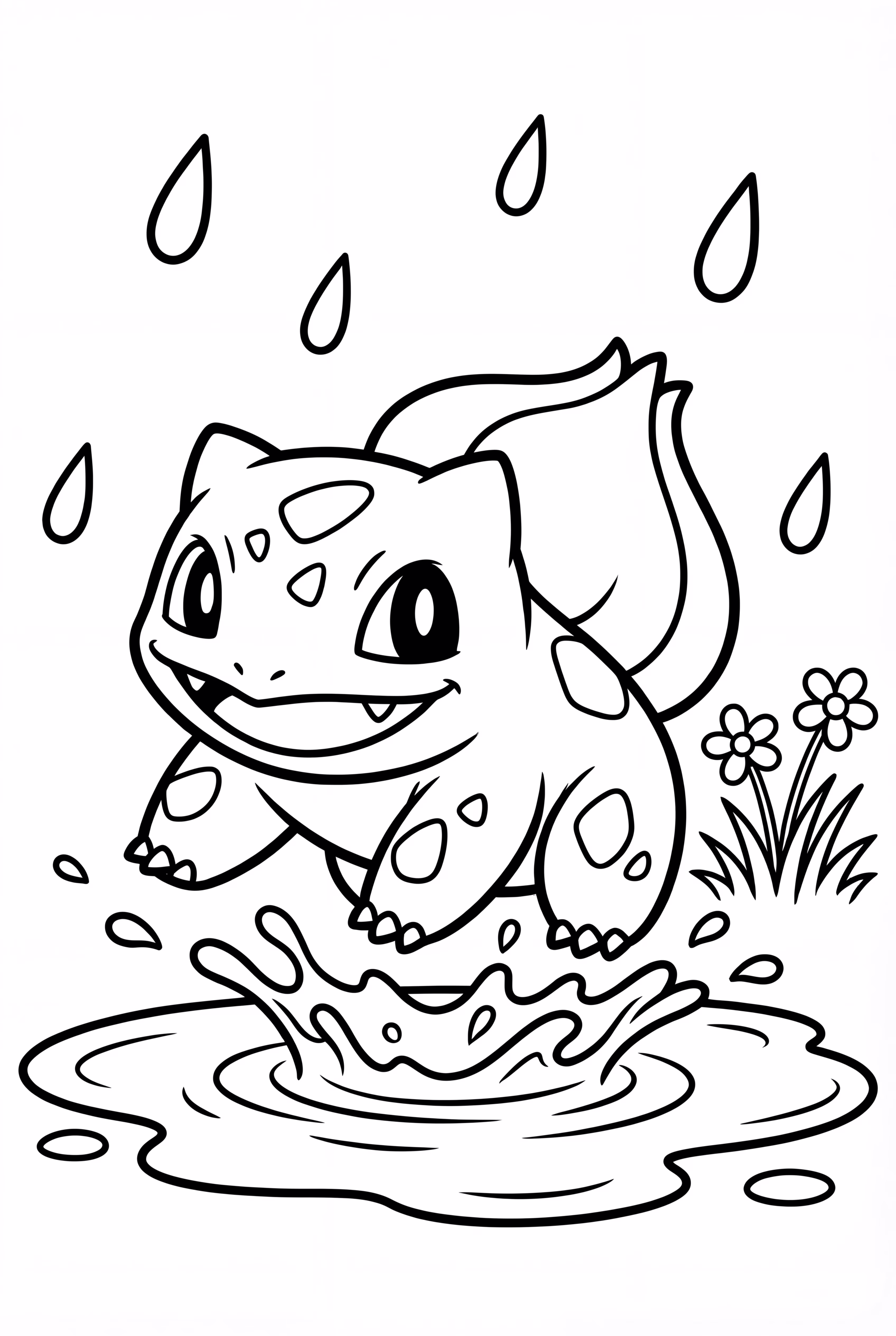 Bisasam planscht in einer Regenpfütze