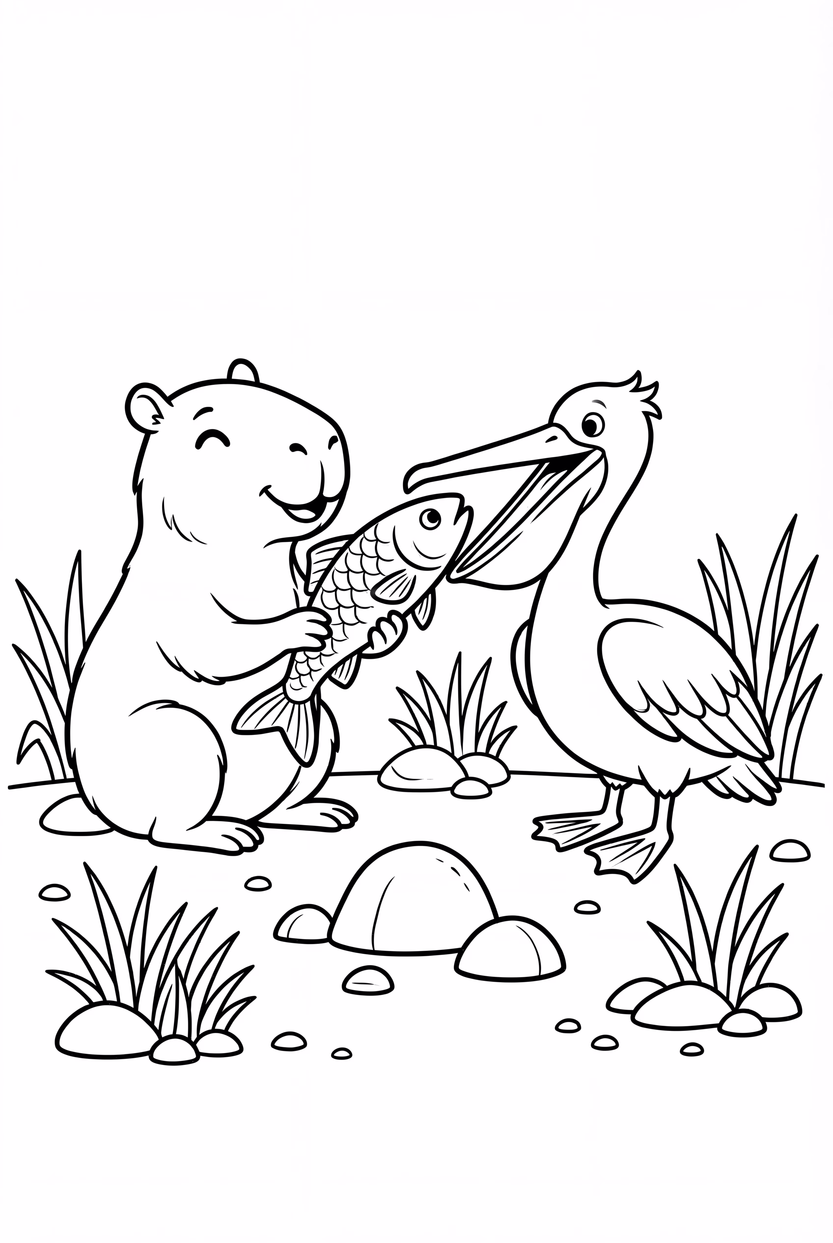 Capybara And A Pelican Sharing A Fish