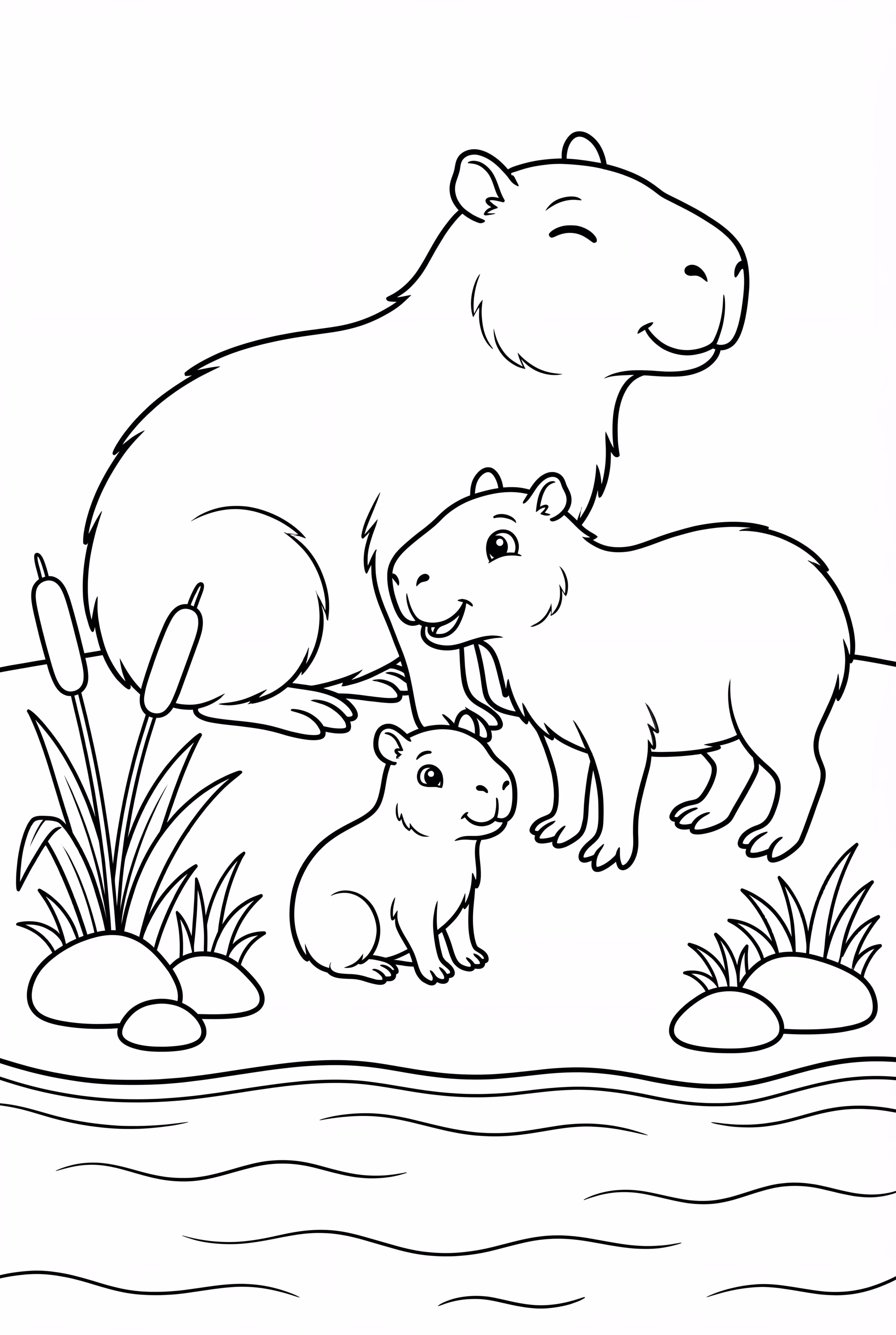 Capybara Family On A Riverbank