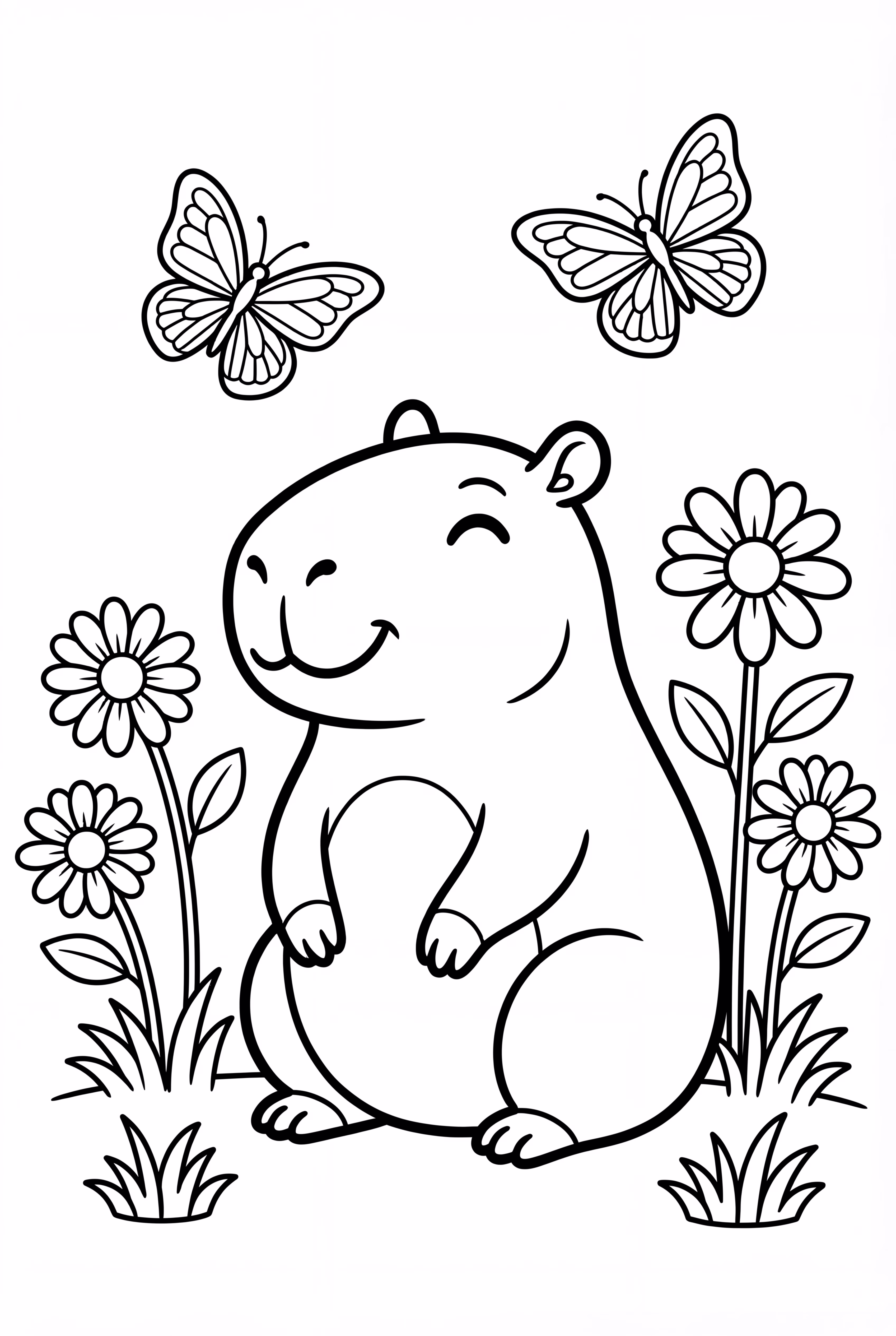 Capybara Surrounded By Flowers And Butterflies