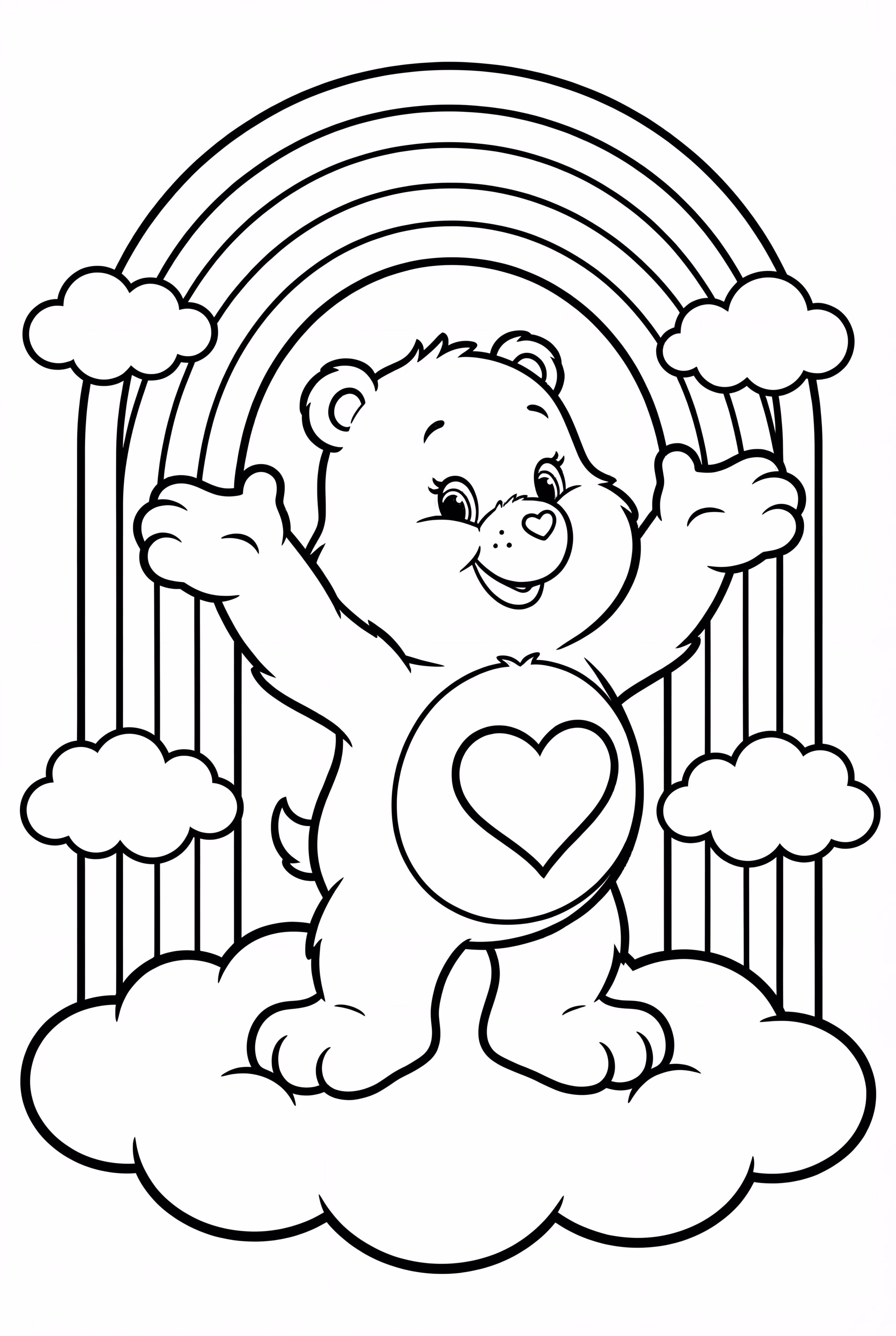 坐在云朵上的护心熊，背后有彩虹