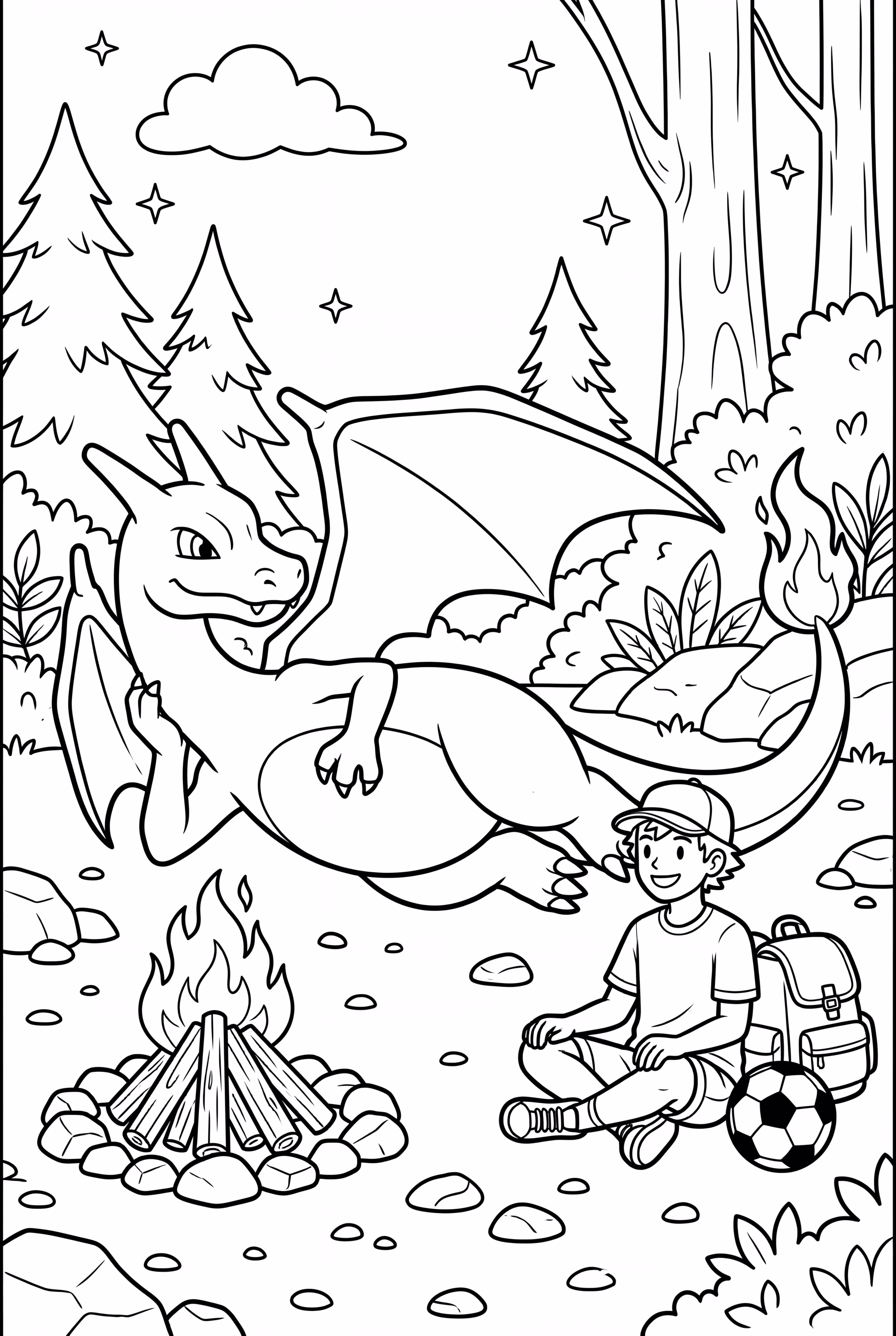 charizard resting by a campfire with its trainer-2