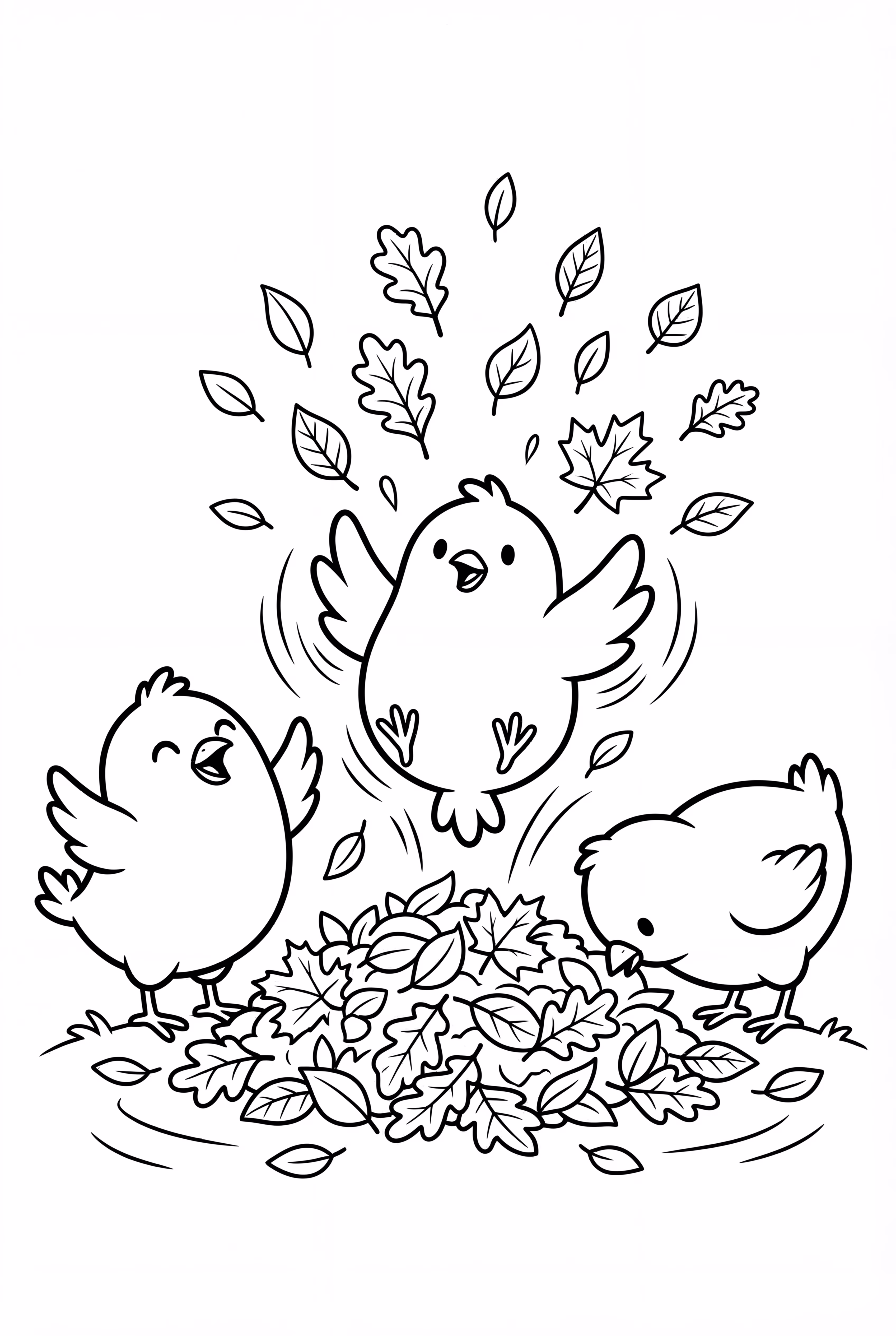 Pollitos jugando en las hojas de otoño