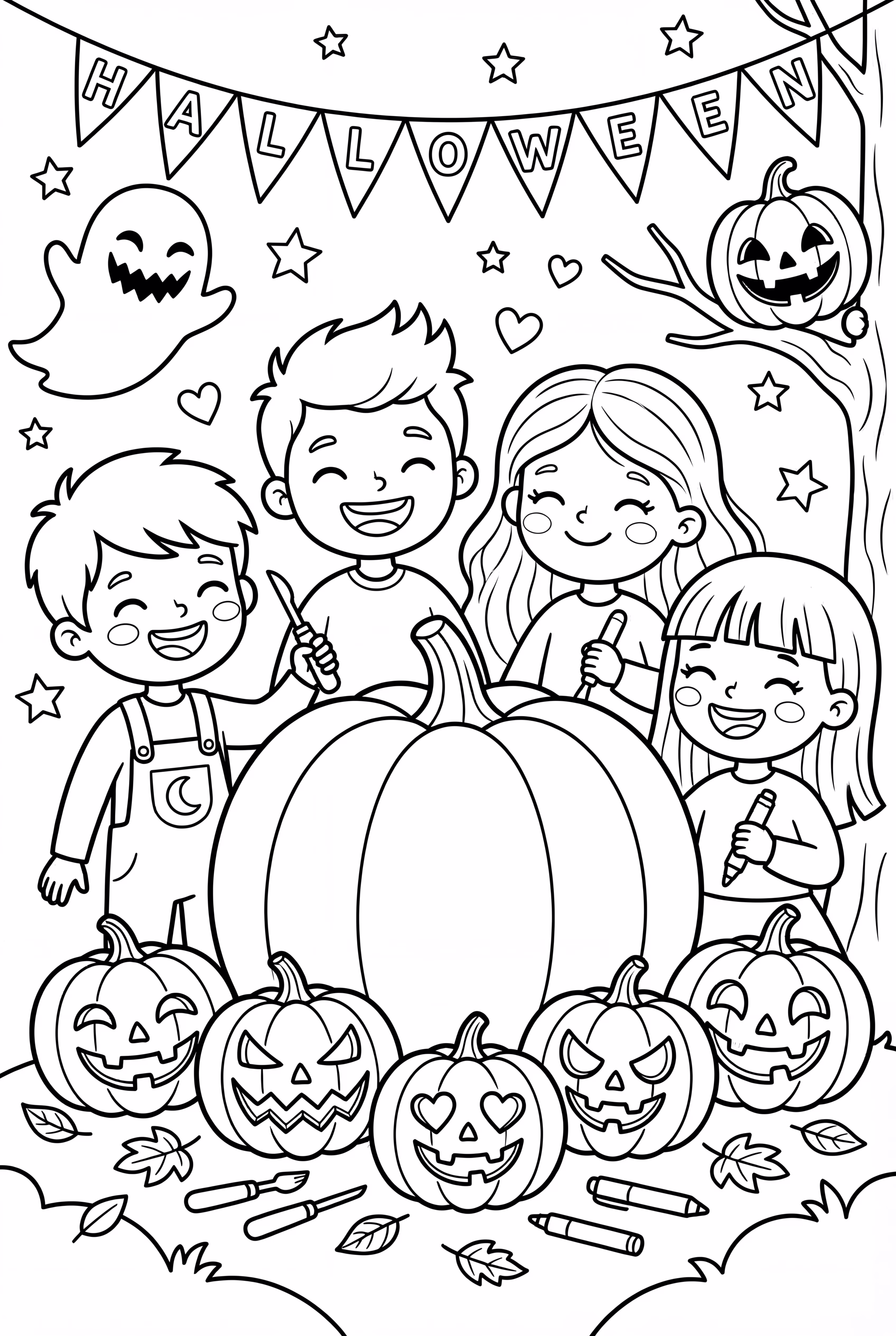 Kinder schnitzen Kürbisse zu Halloween