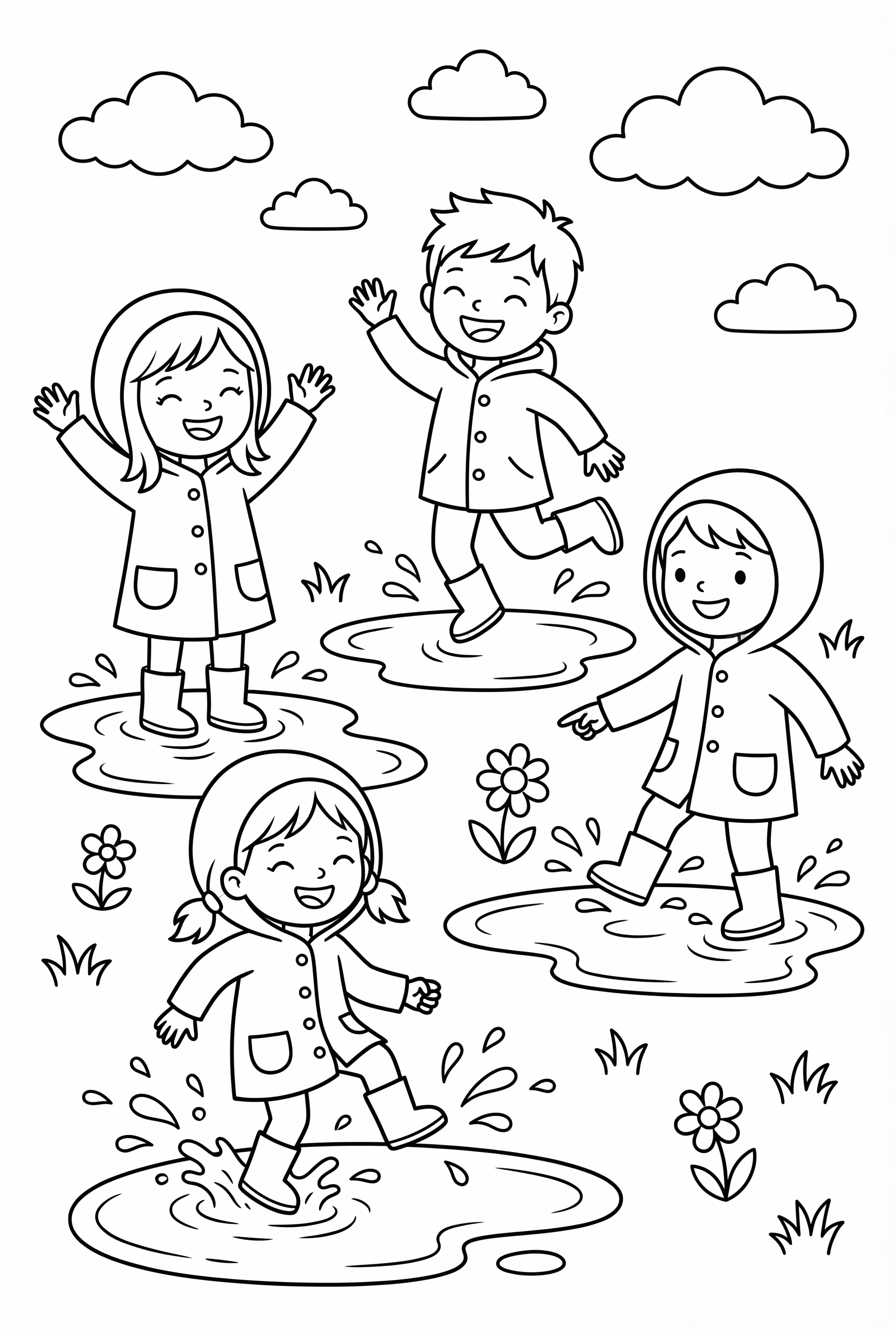 Children Splashing in Spring Puddles