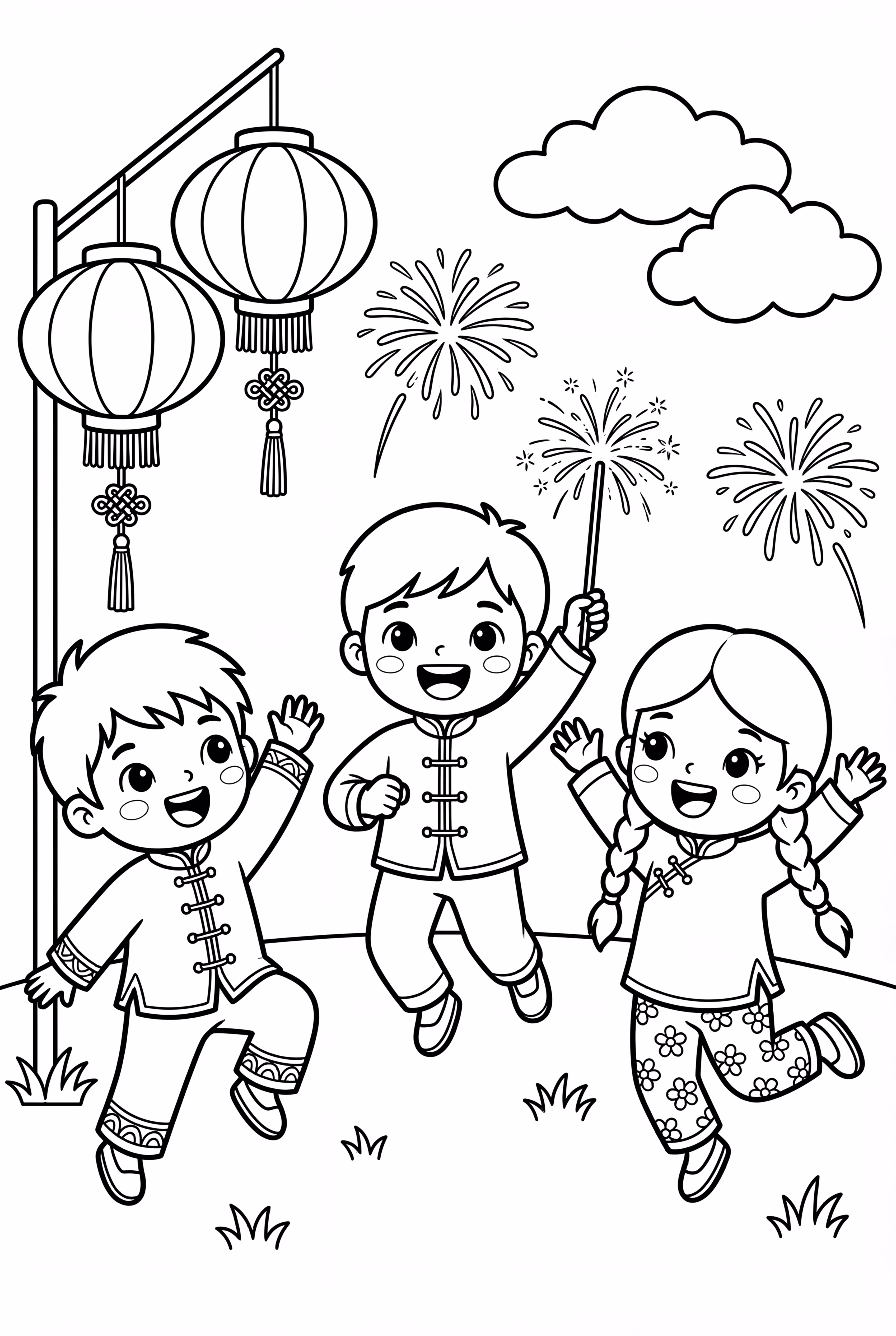 Ano Novo Chinês Crianças Brincando com Fogos de Artifício