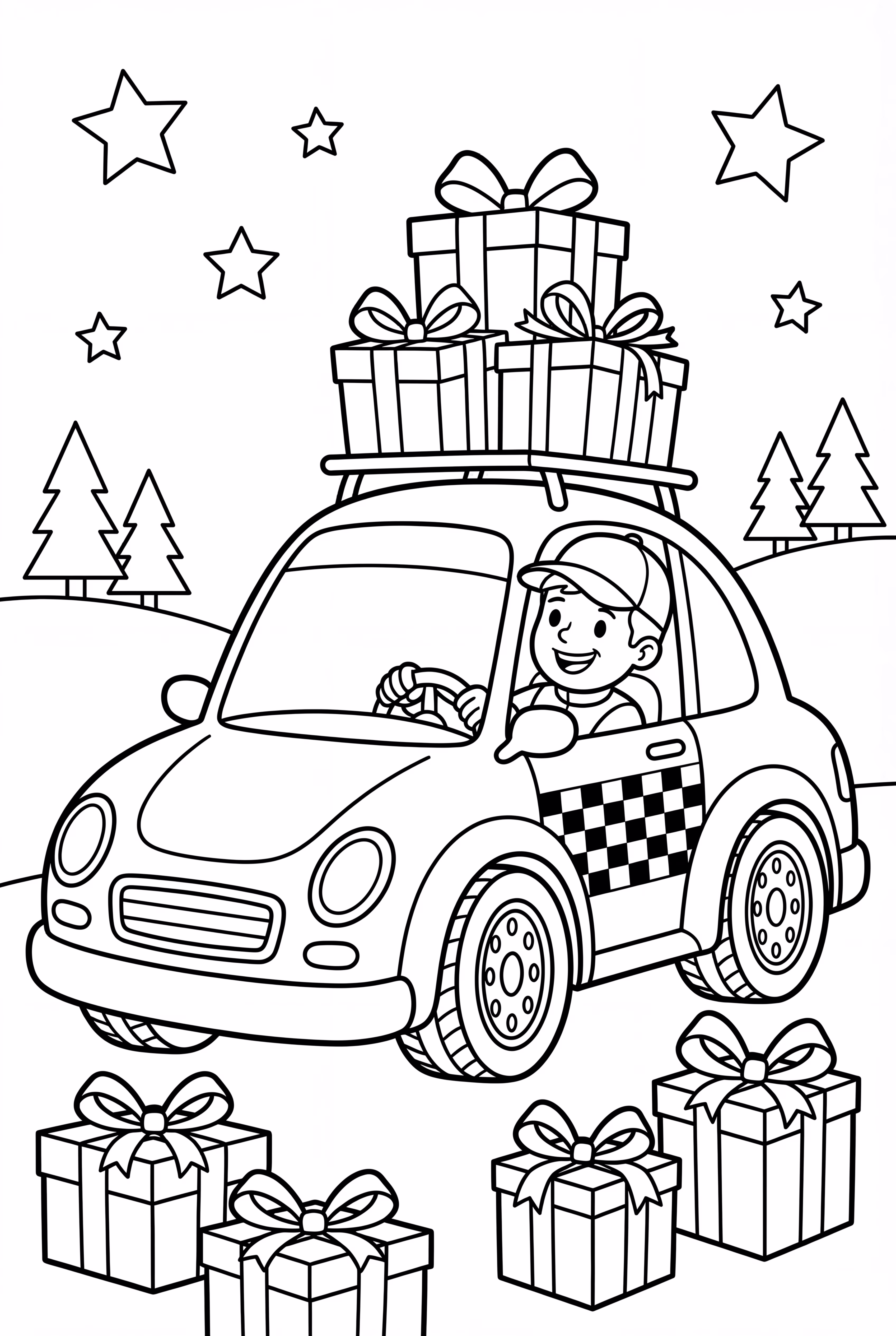 Coche de carrera navideño con decoraciones de regalos