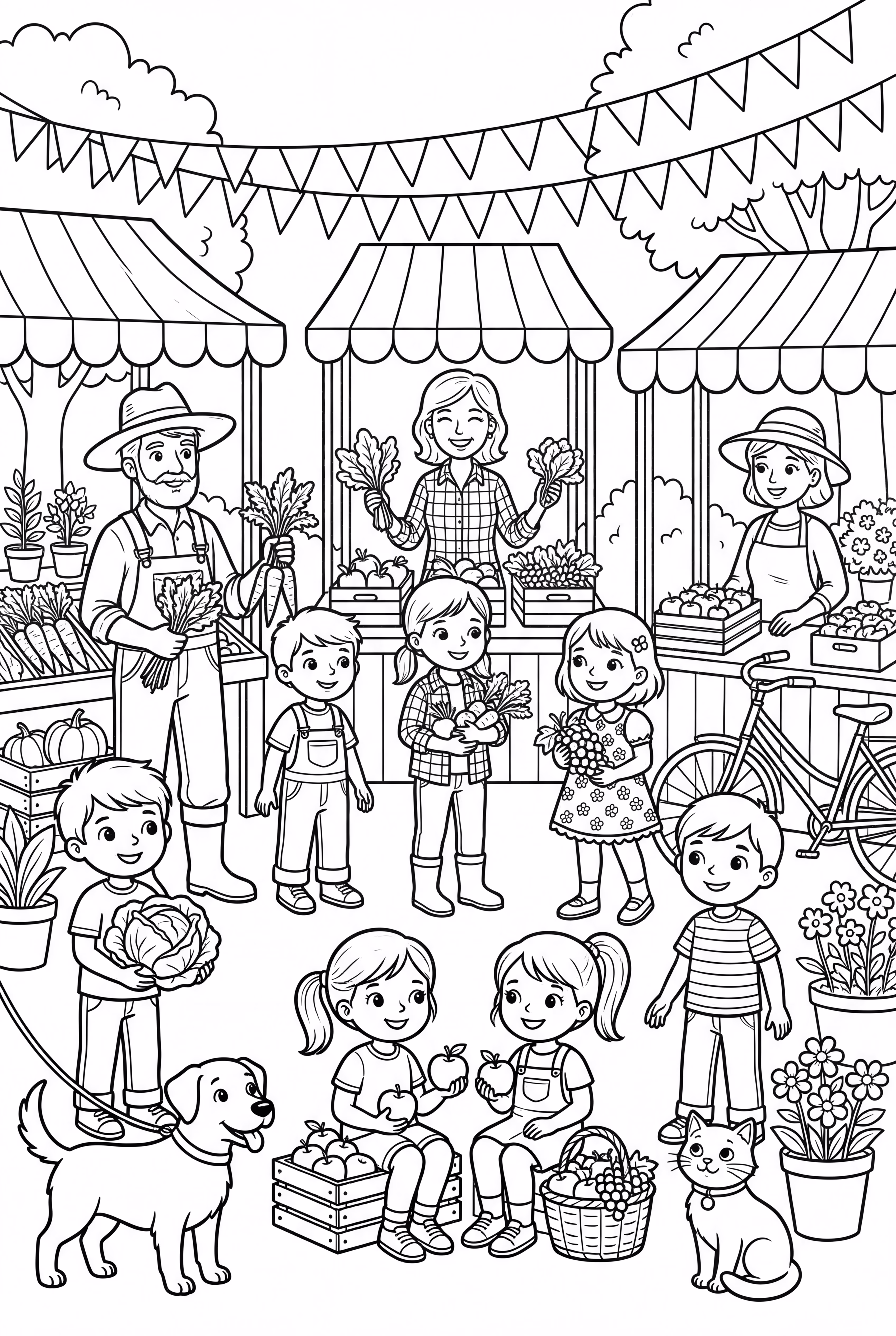 분주한 농산물 시장의 지역사회 도우미들