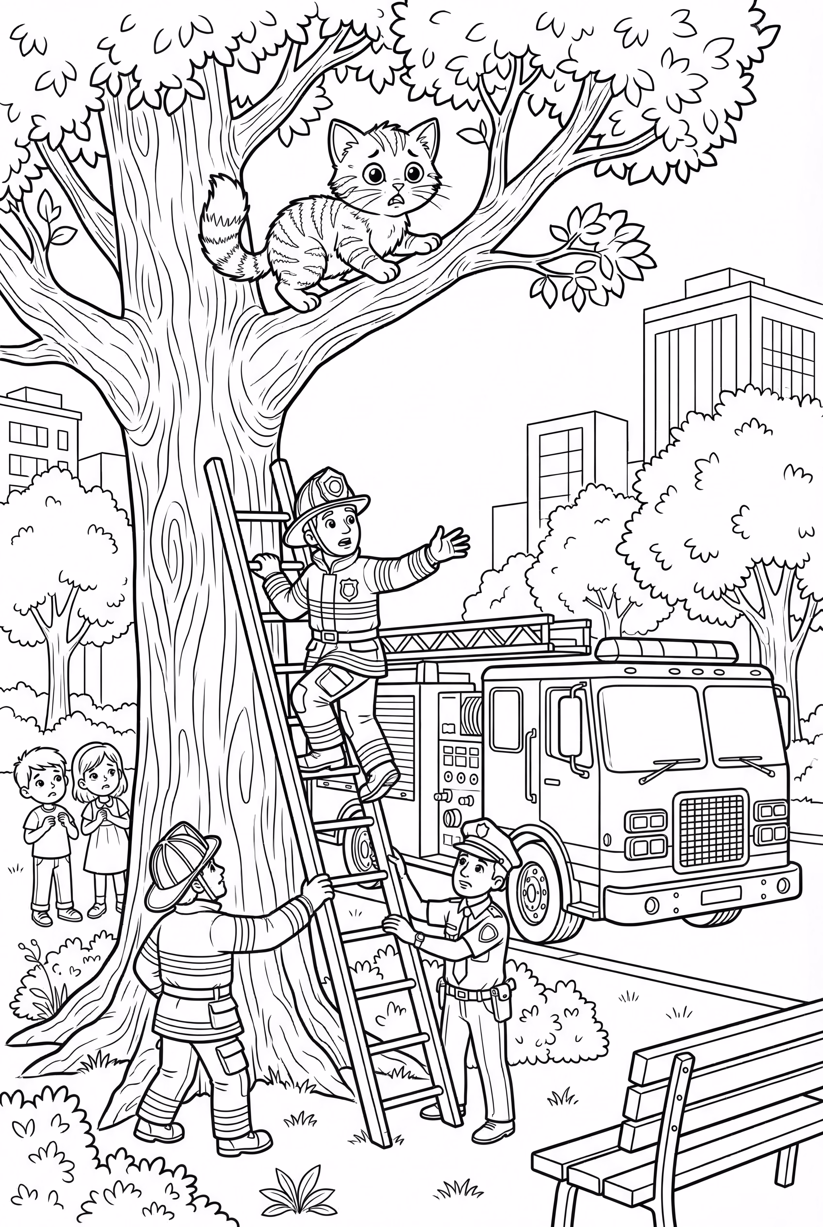 Community Helpers Rescuing A Cat From A Tree