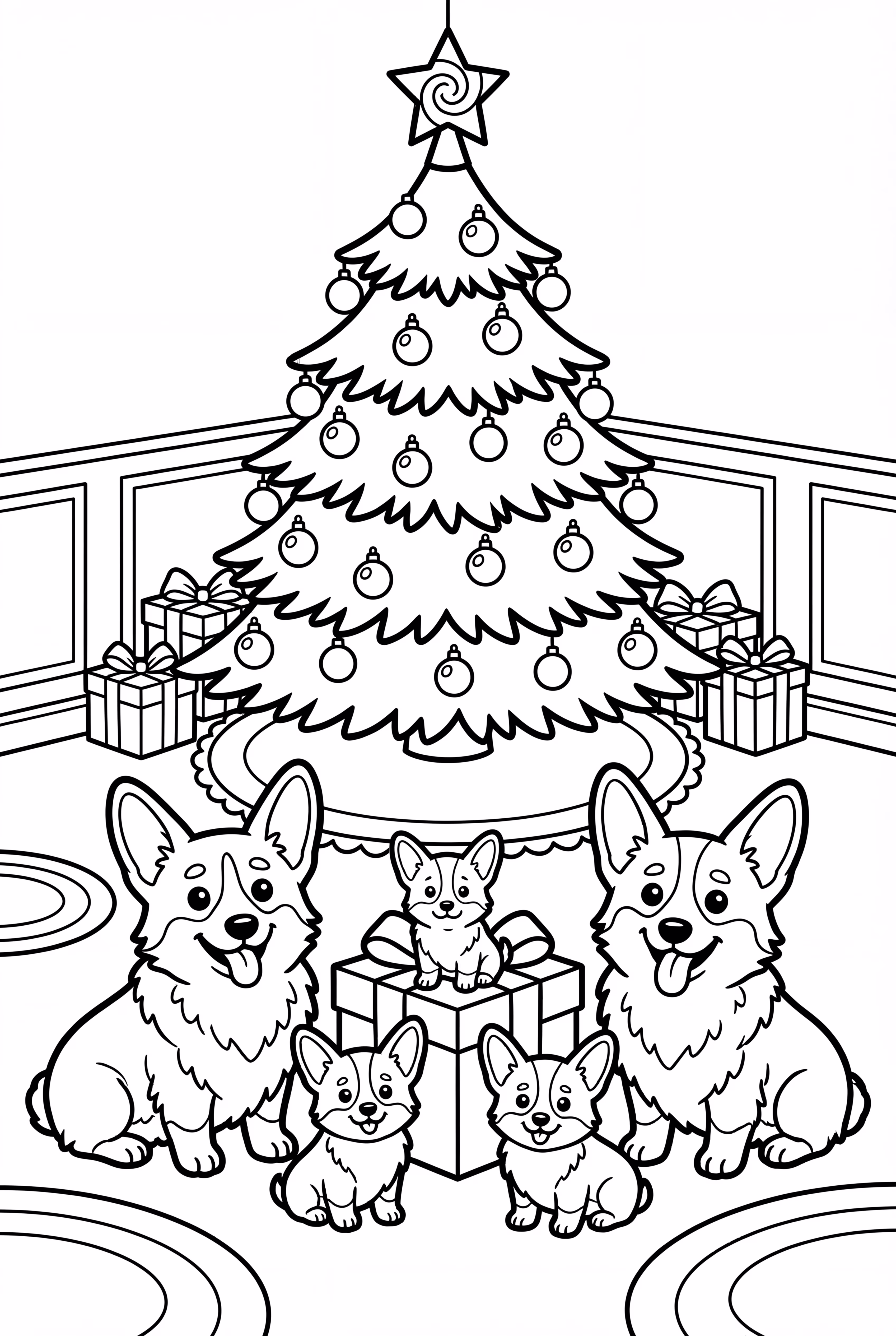 Corgi Family Under Christmas Tree