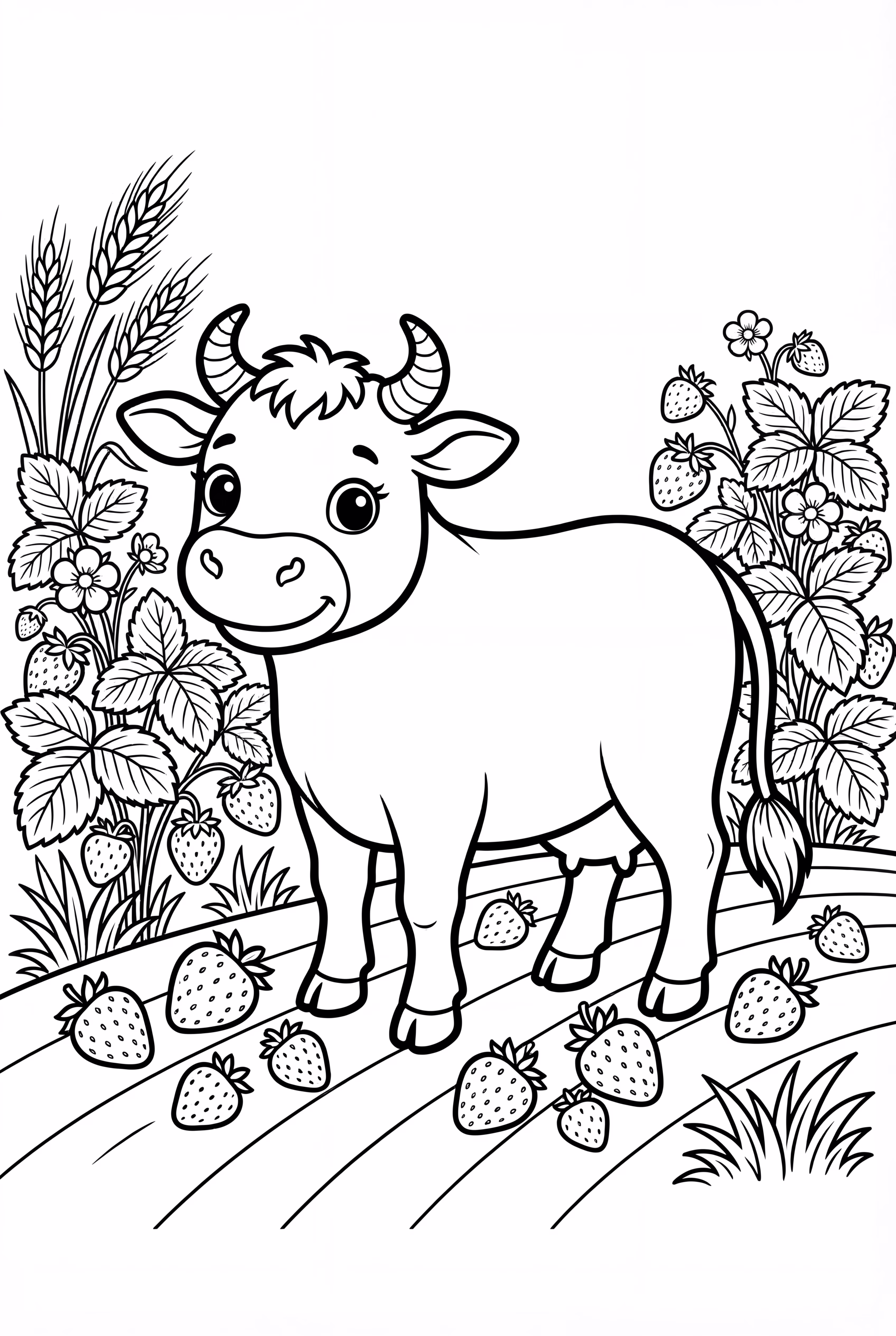 Cow helping harvest in strawberry farm