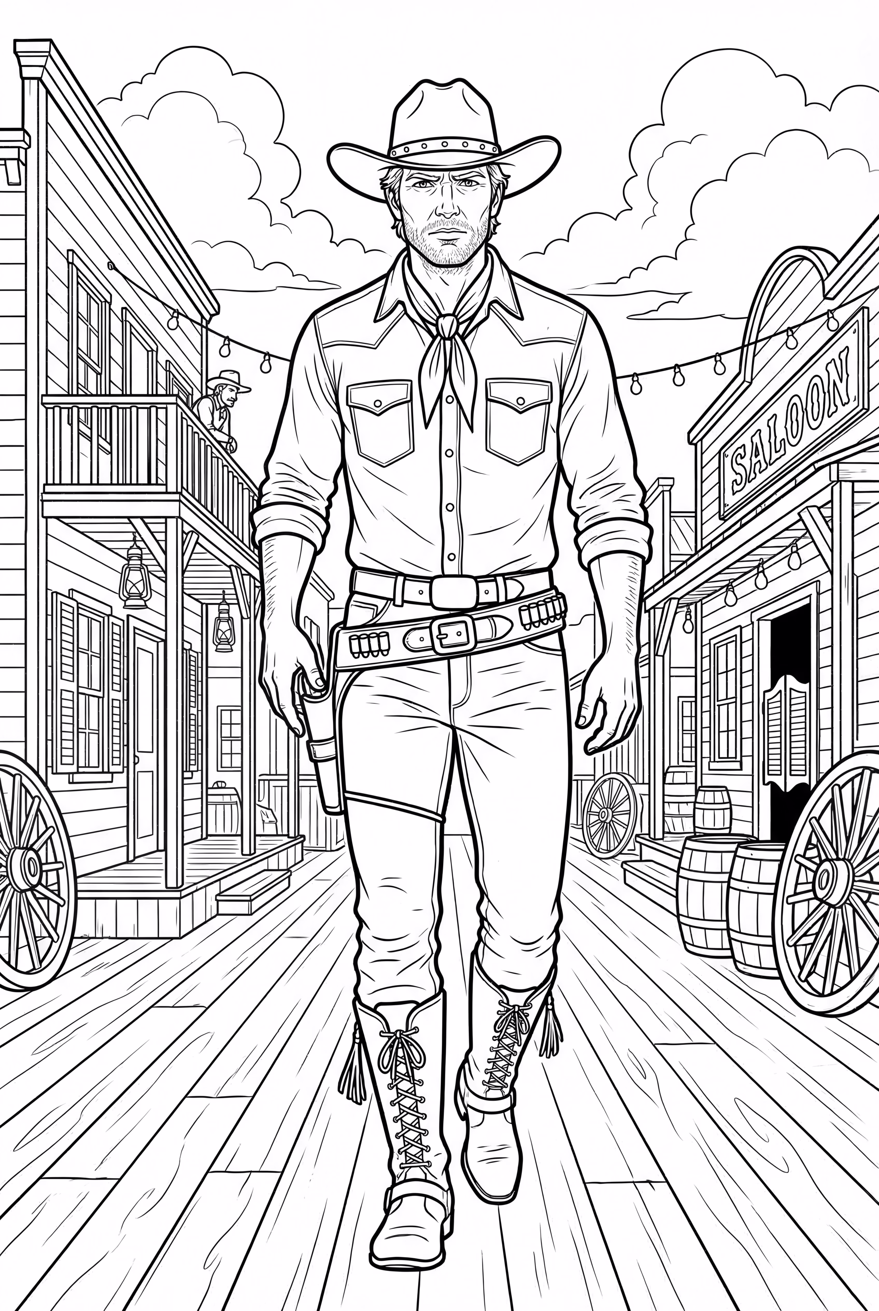 Cowboy explorando uma velha cidade empoeirada