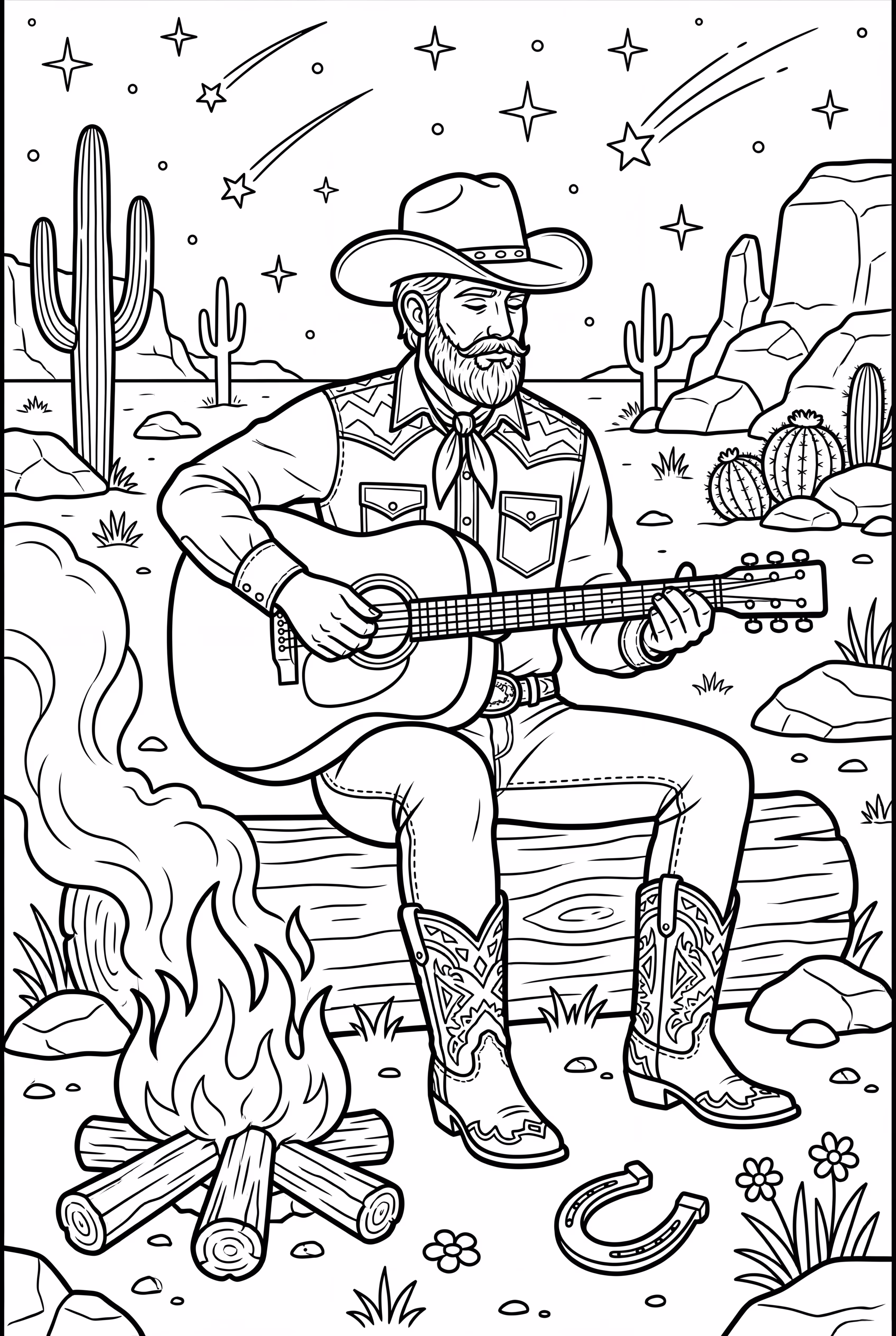 Cowboy avec une guitare chantant près du feu de camp