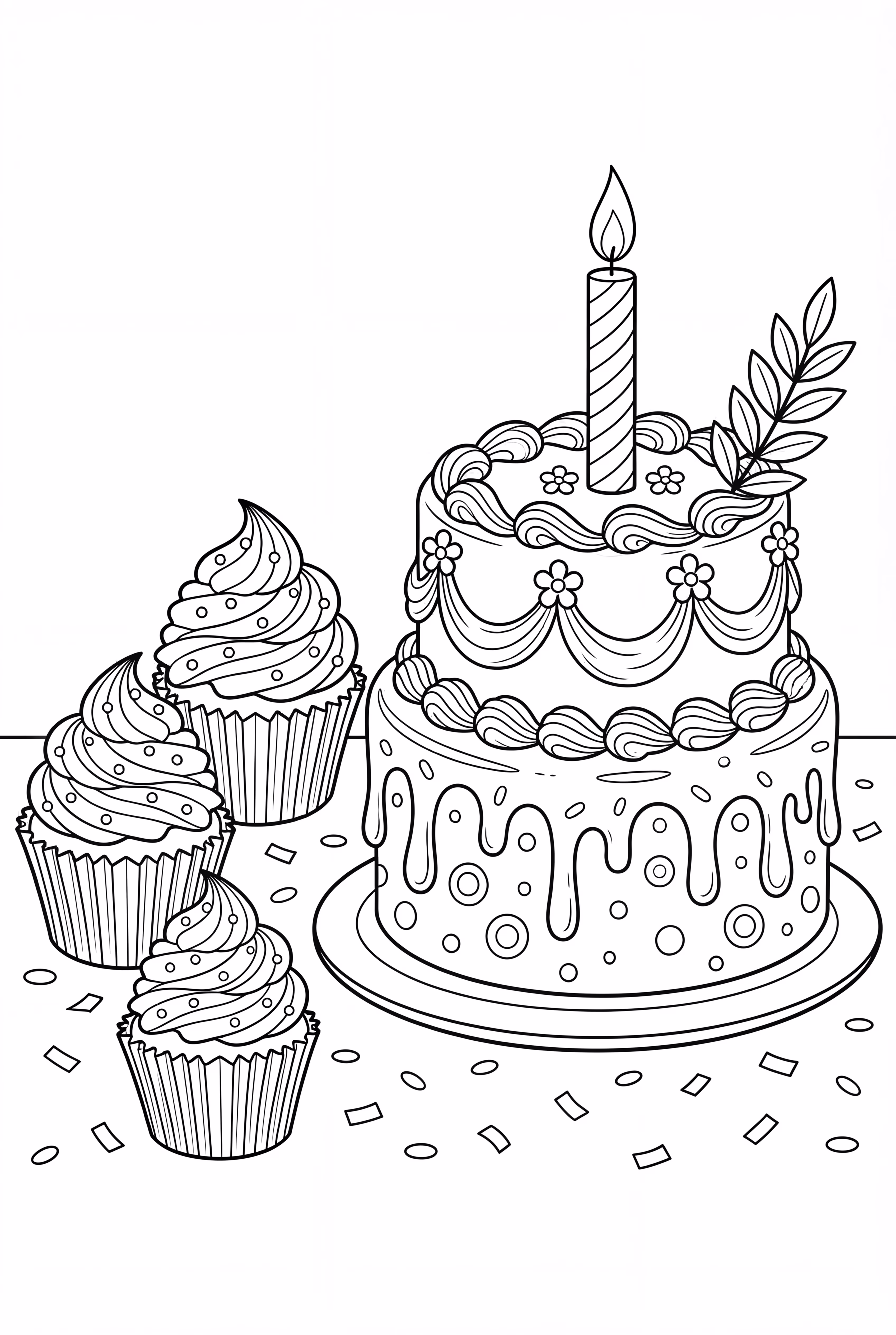 Cupcakes next to a beautifully decorated birthday cake