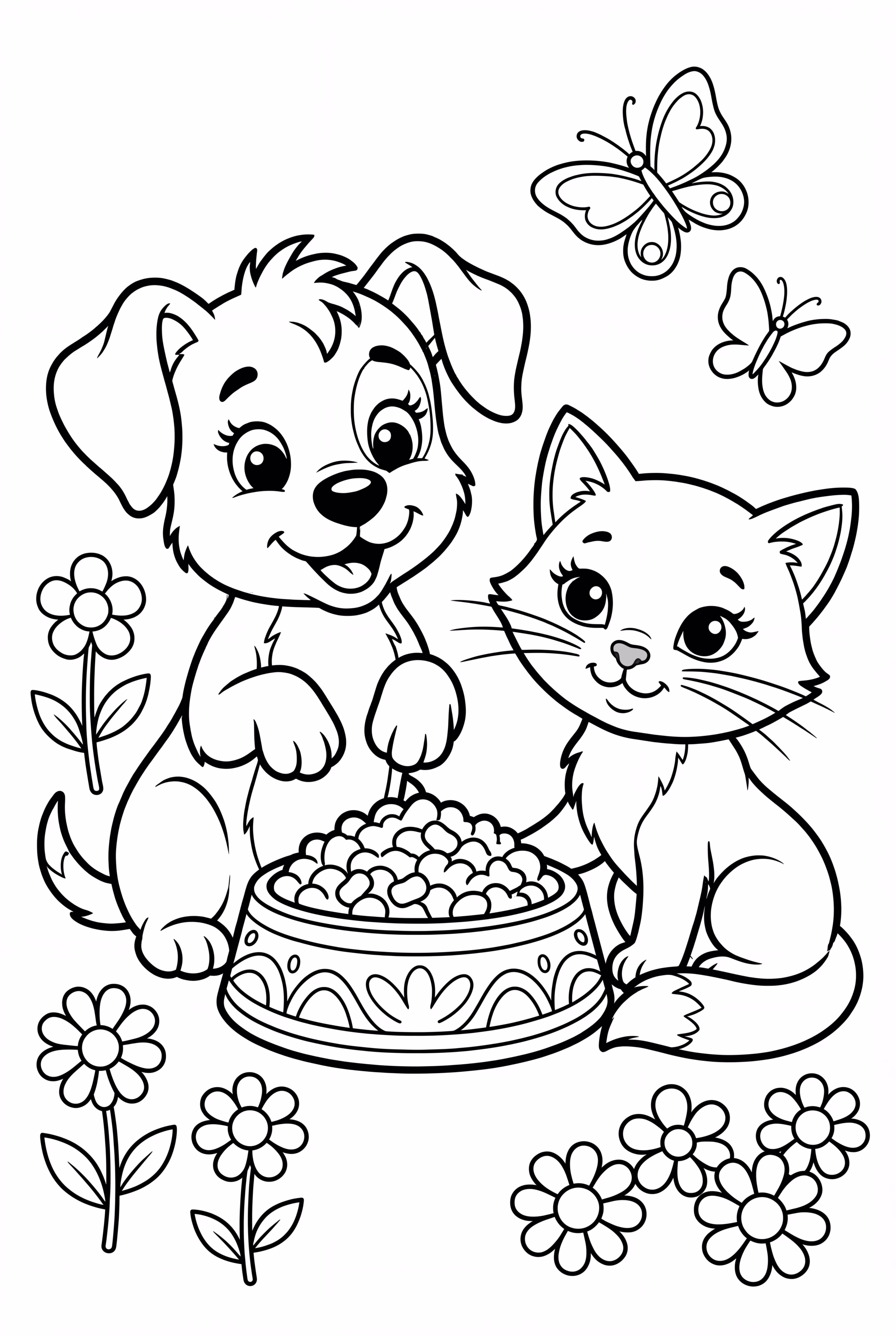 Cute puppy and kitten sharing food