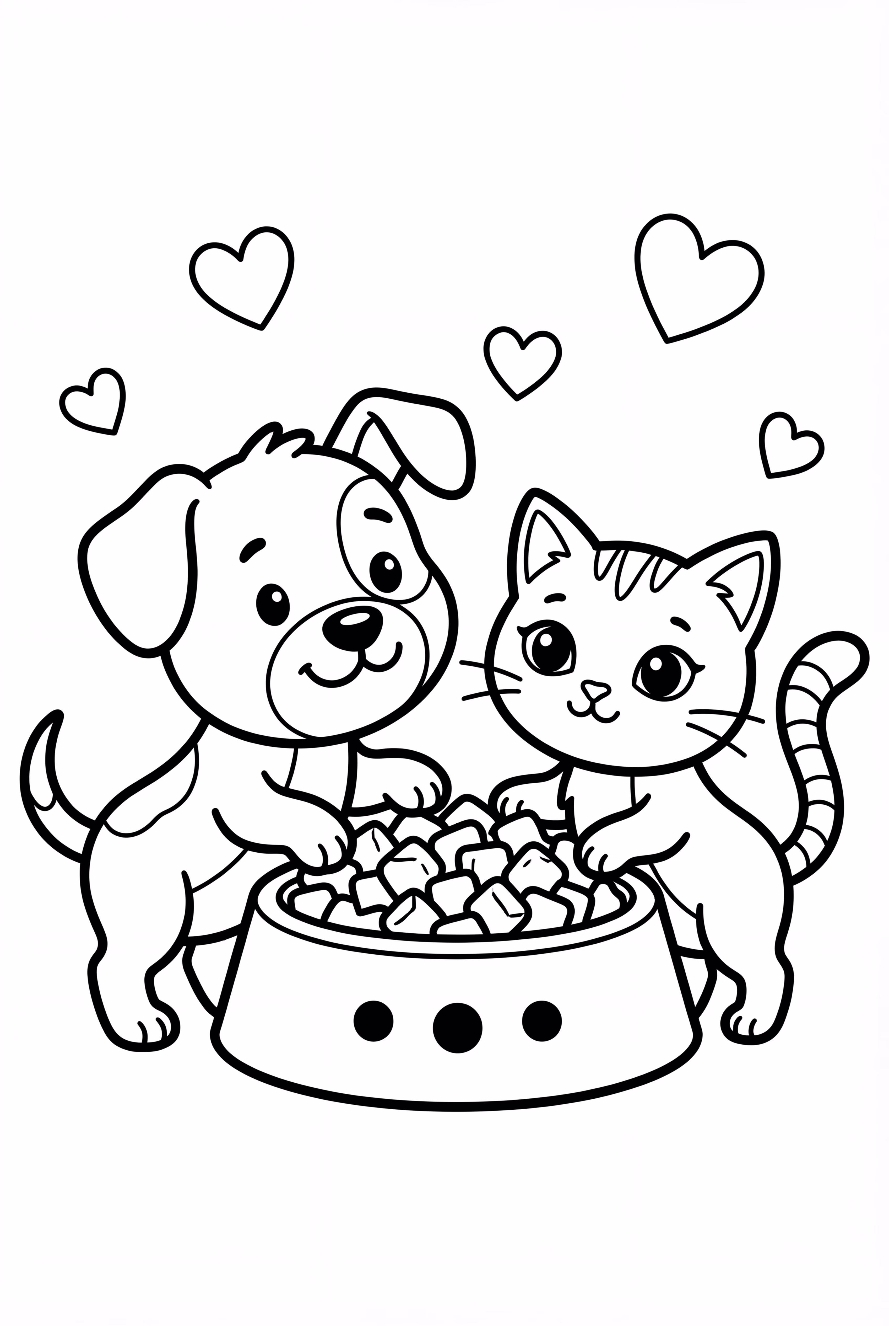 Niedlicher Welpe und Kätzchen teilen sich Futter